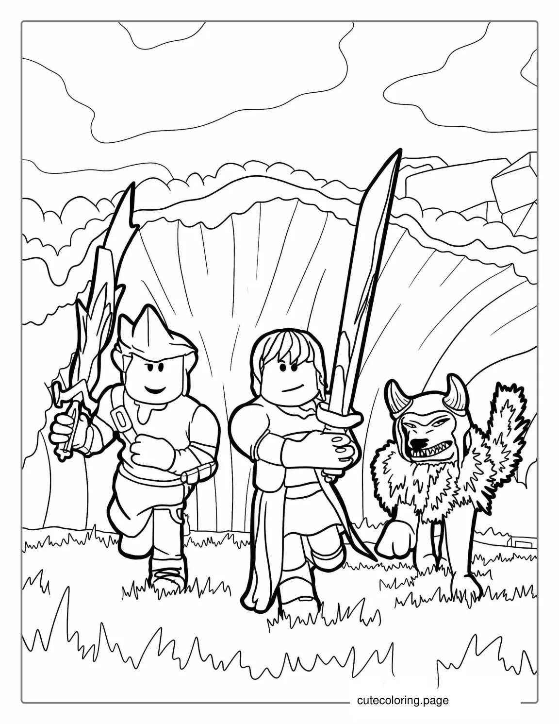 Roblox Characters Running From wave With Wolf coloring page