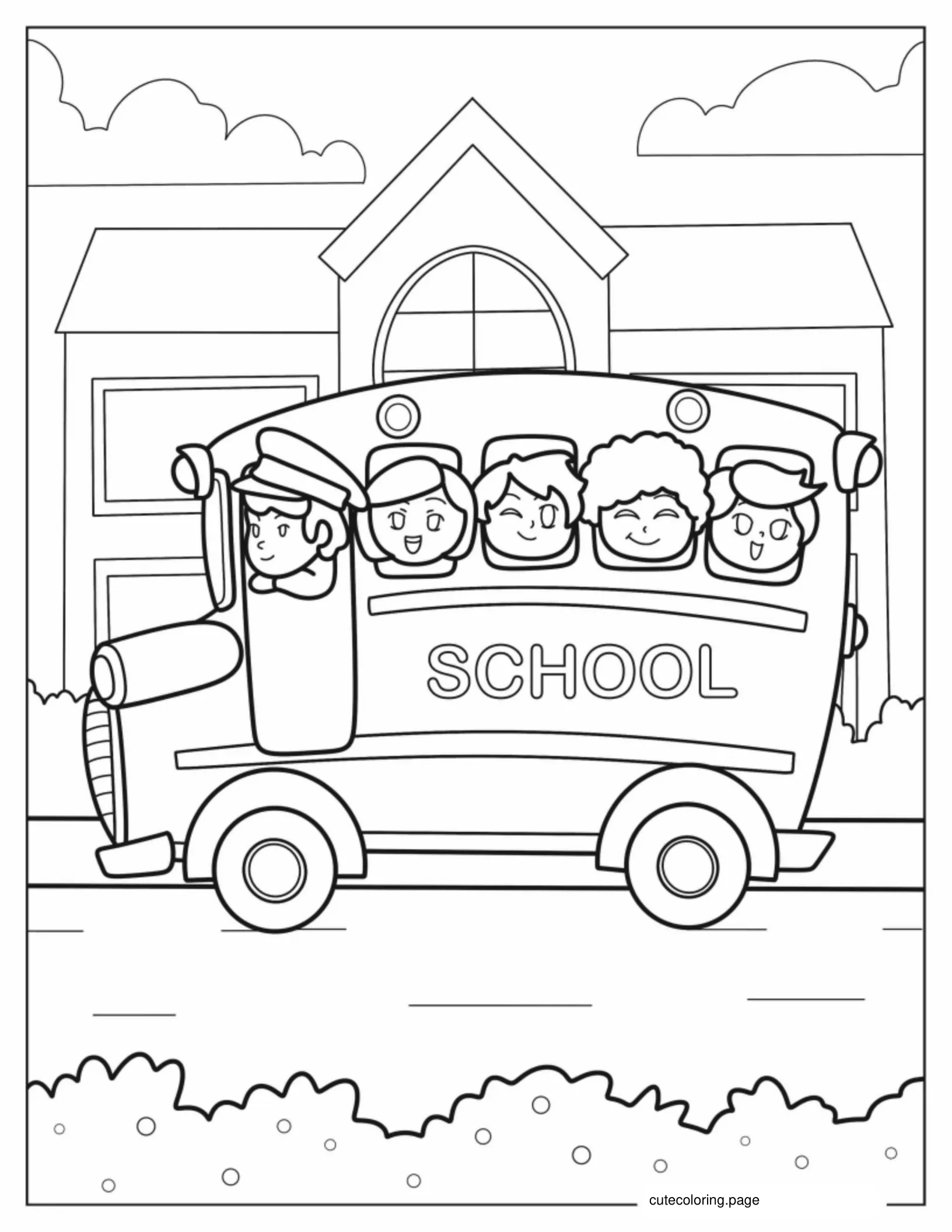 Cartoon School Bus With Students And Driver coloring page