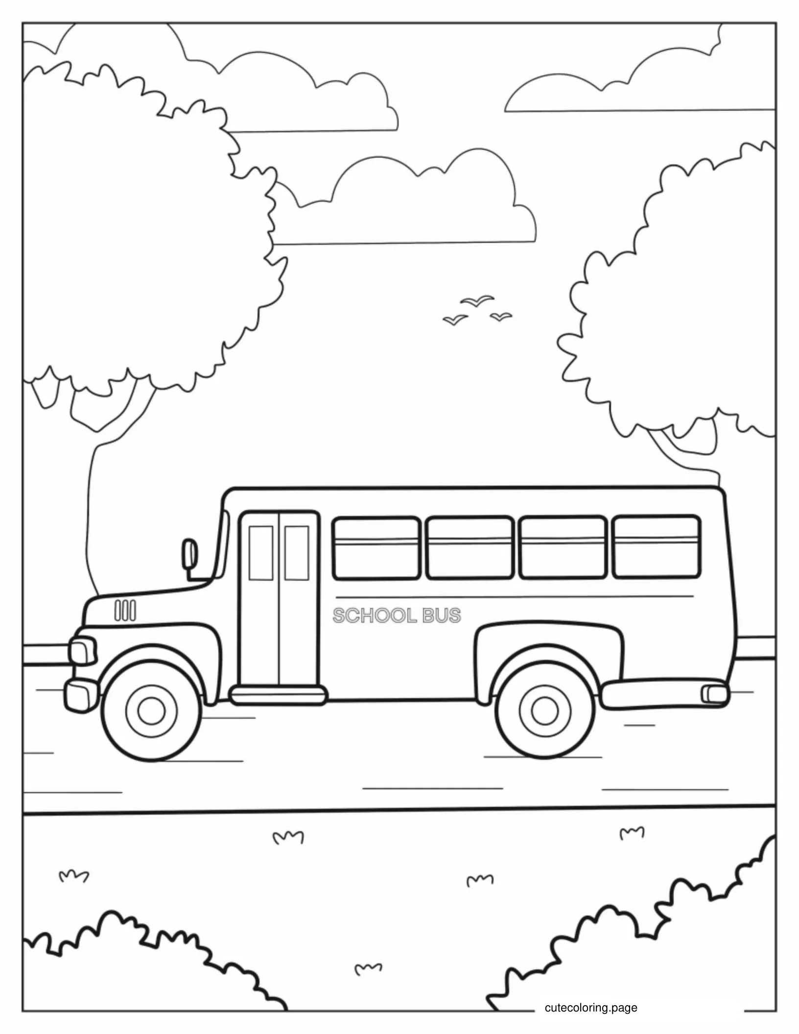 School Bus Driving On Road coloring page