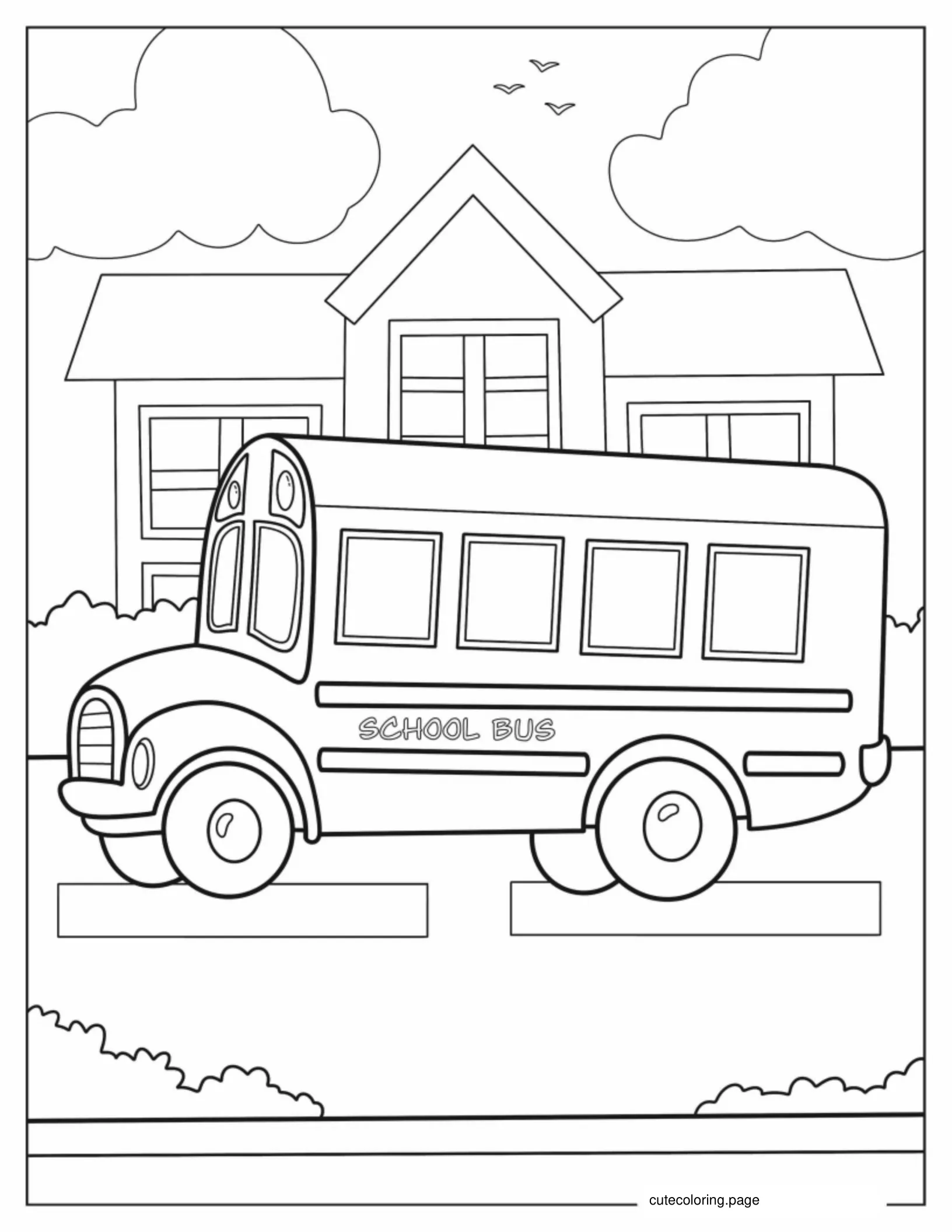 School Bus Driving Past Elementary School coloring page