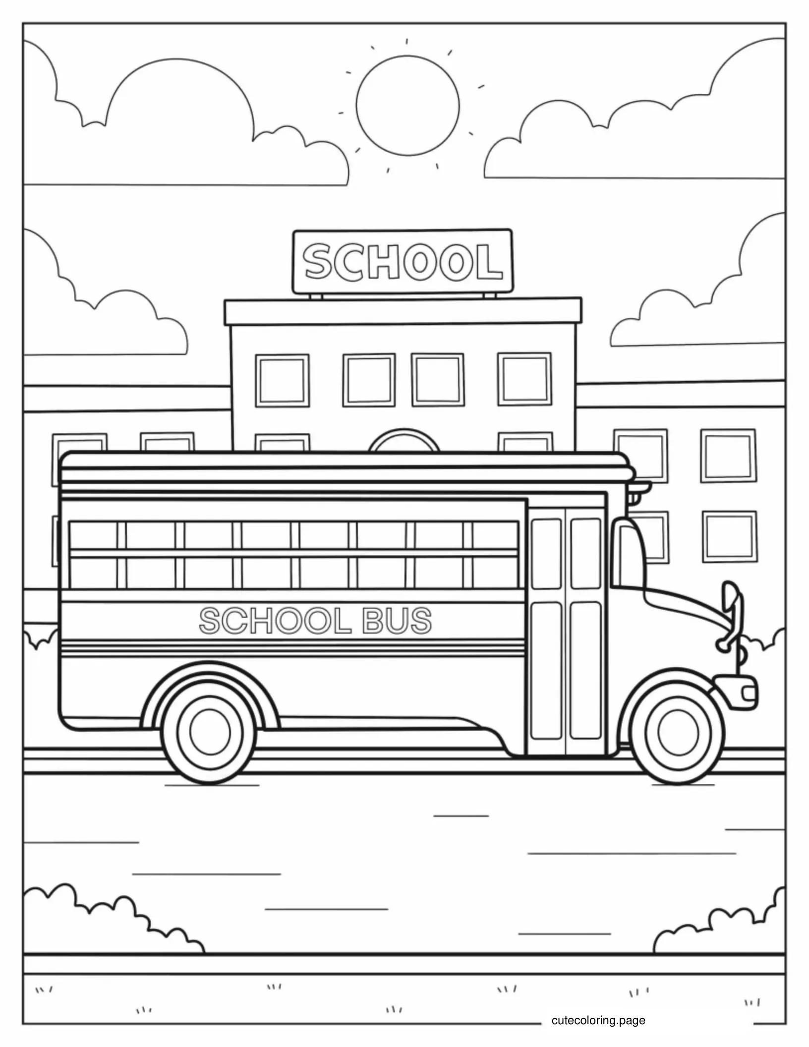 School Bus Dropping Students Off At School coloring page