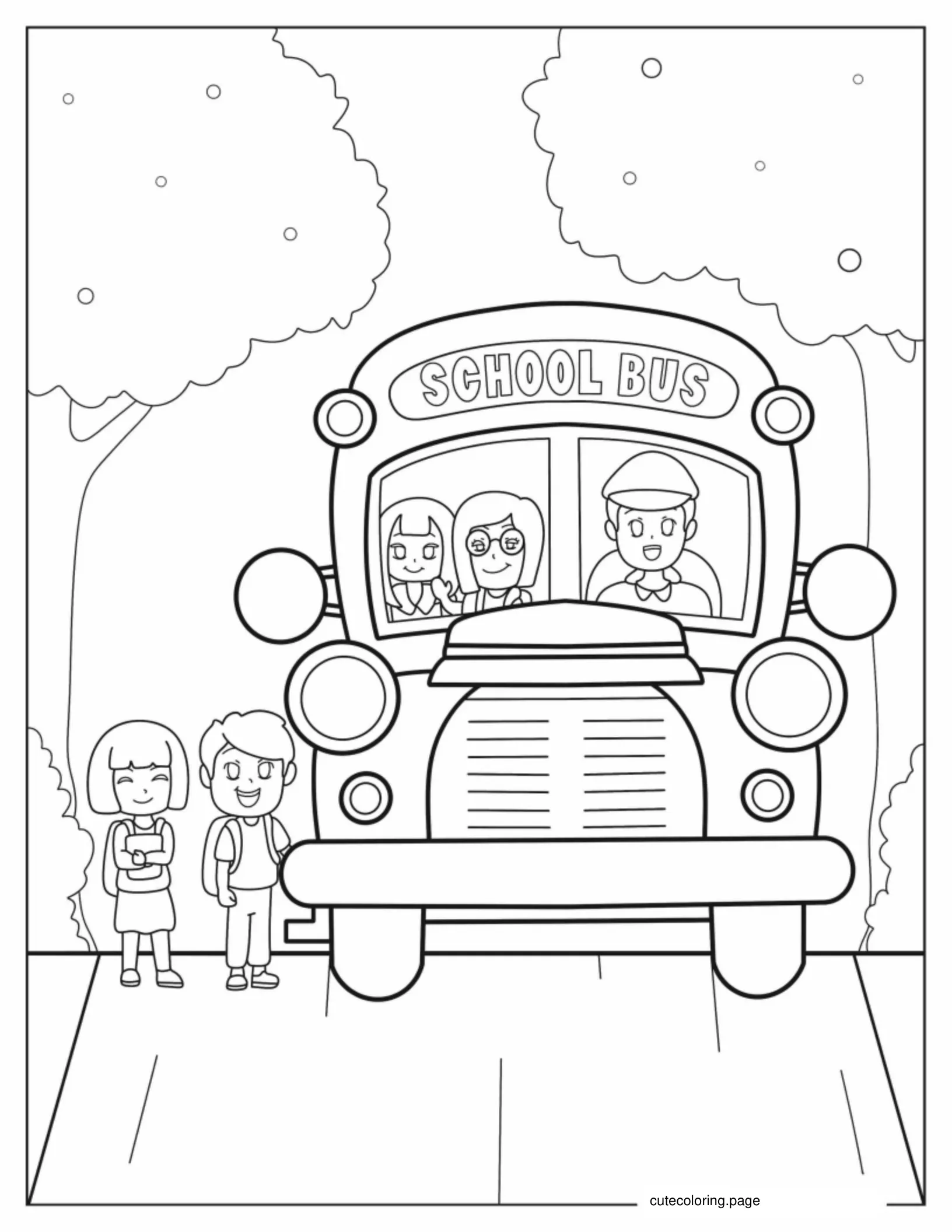 School Bus Picking Up Students At Bus Stop coloring page