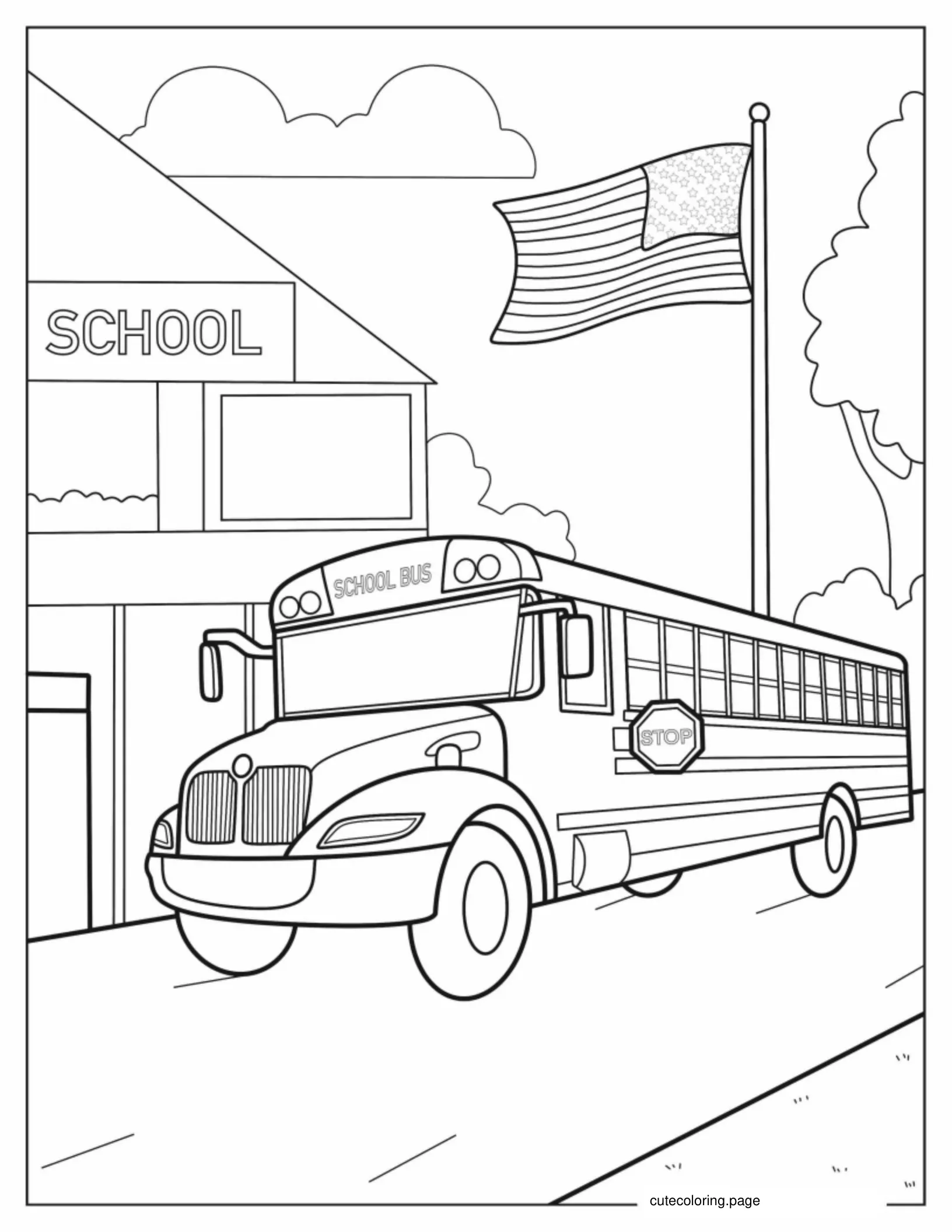 School Bus With American Flag coloring page