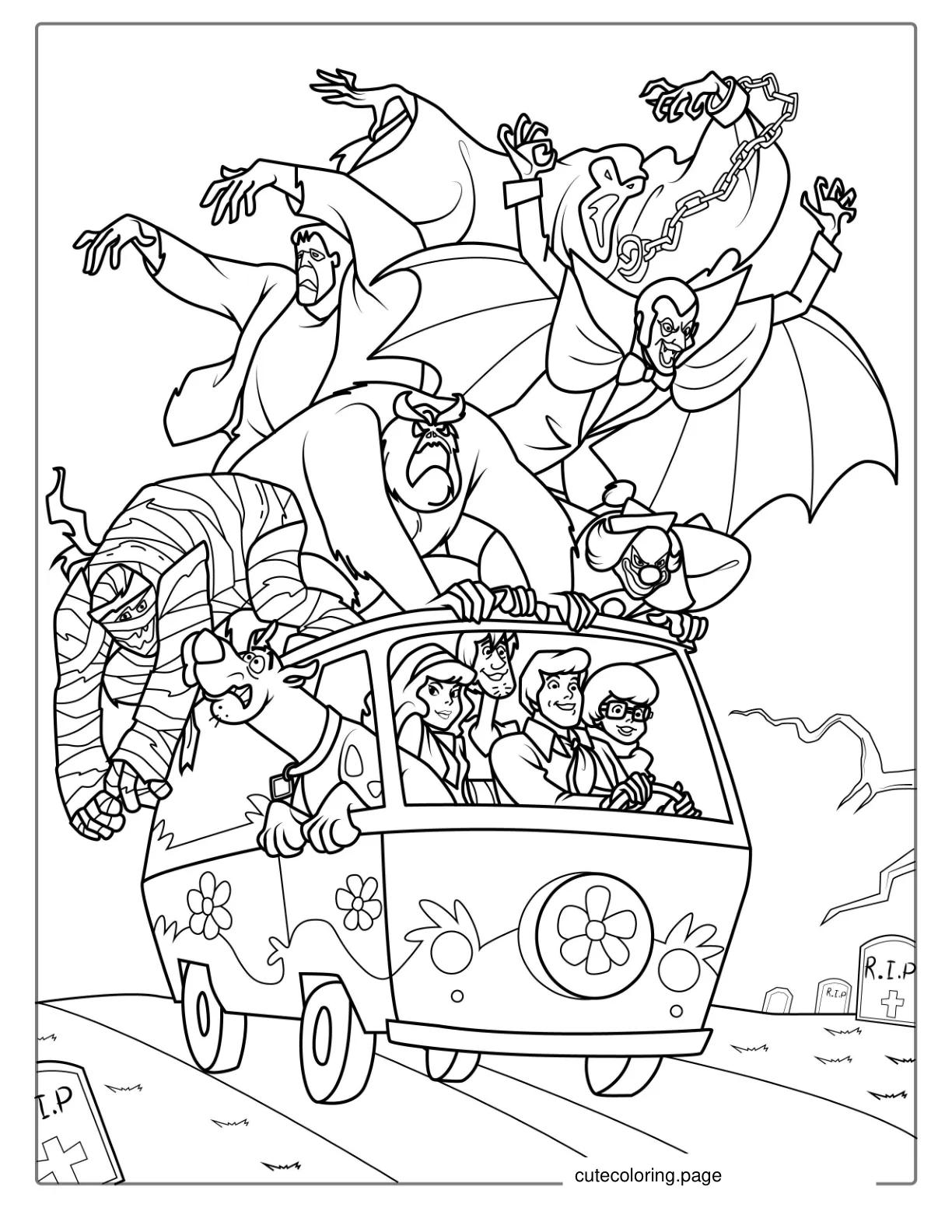 Scooby Doo Gang Being Chased By Monster To Color coloring page