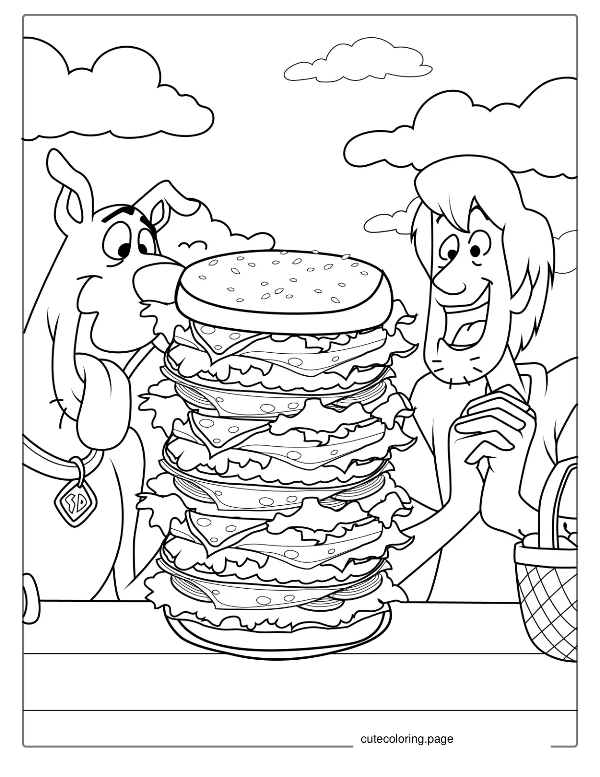 Shaggy And Scooby Doo Looking At Burger To Eat coloring page