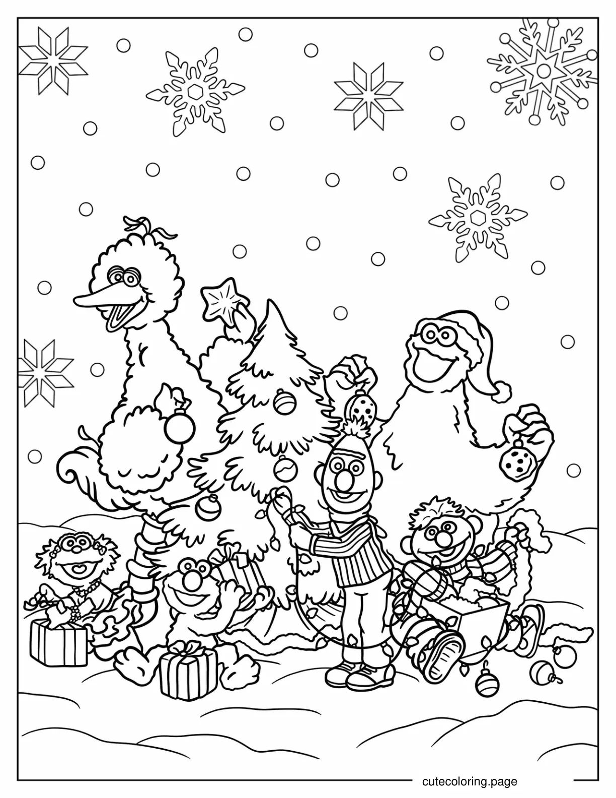 Big Bird Elmo Cookie Monster And Friends Decorating Christmas Tree coloring page