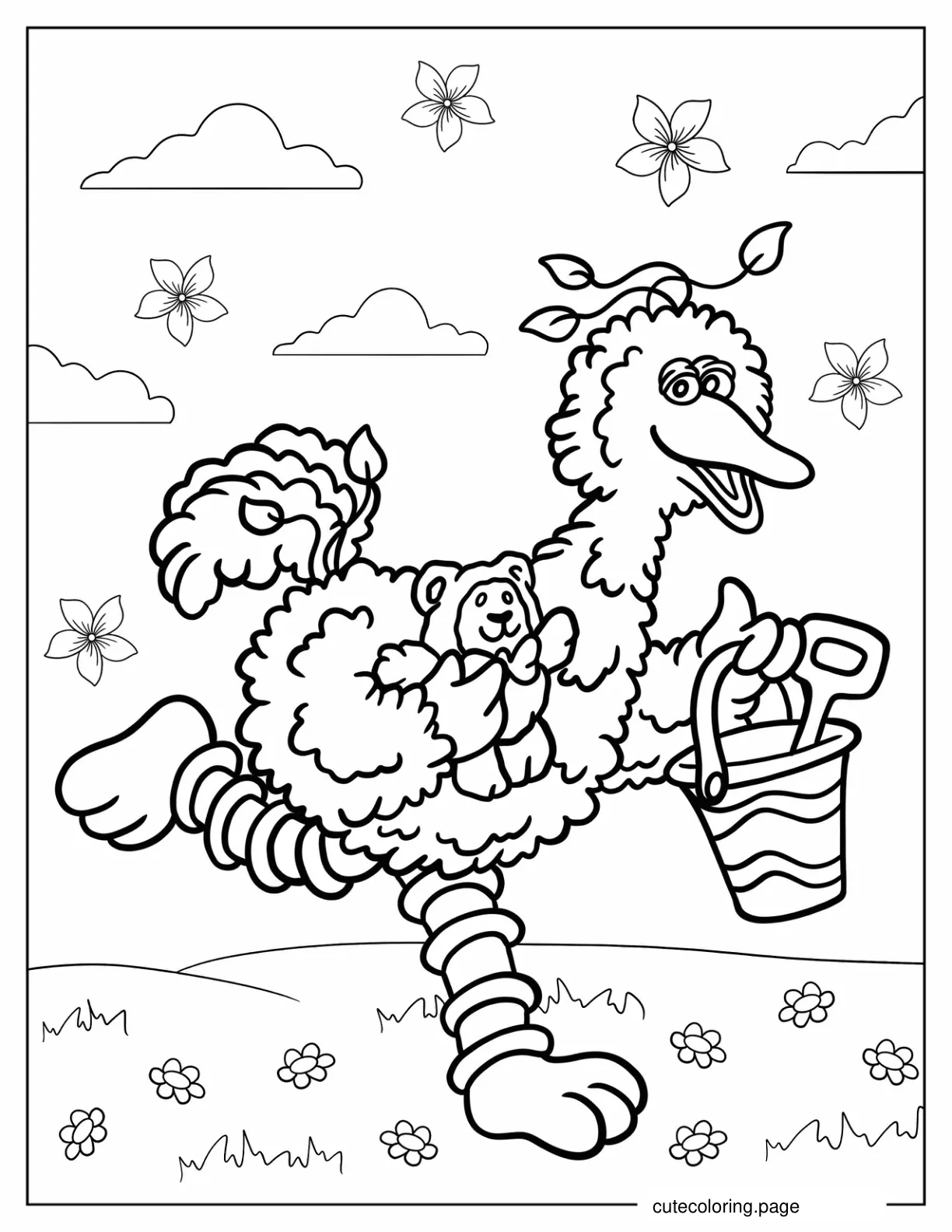 Big Bird Running In Field With Basket Coloring In For Kids coloring page