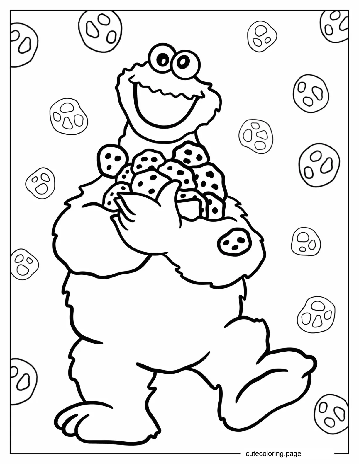 Cute Cookie Monster Holding Pile Of Cookies coloring page