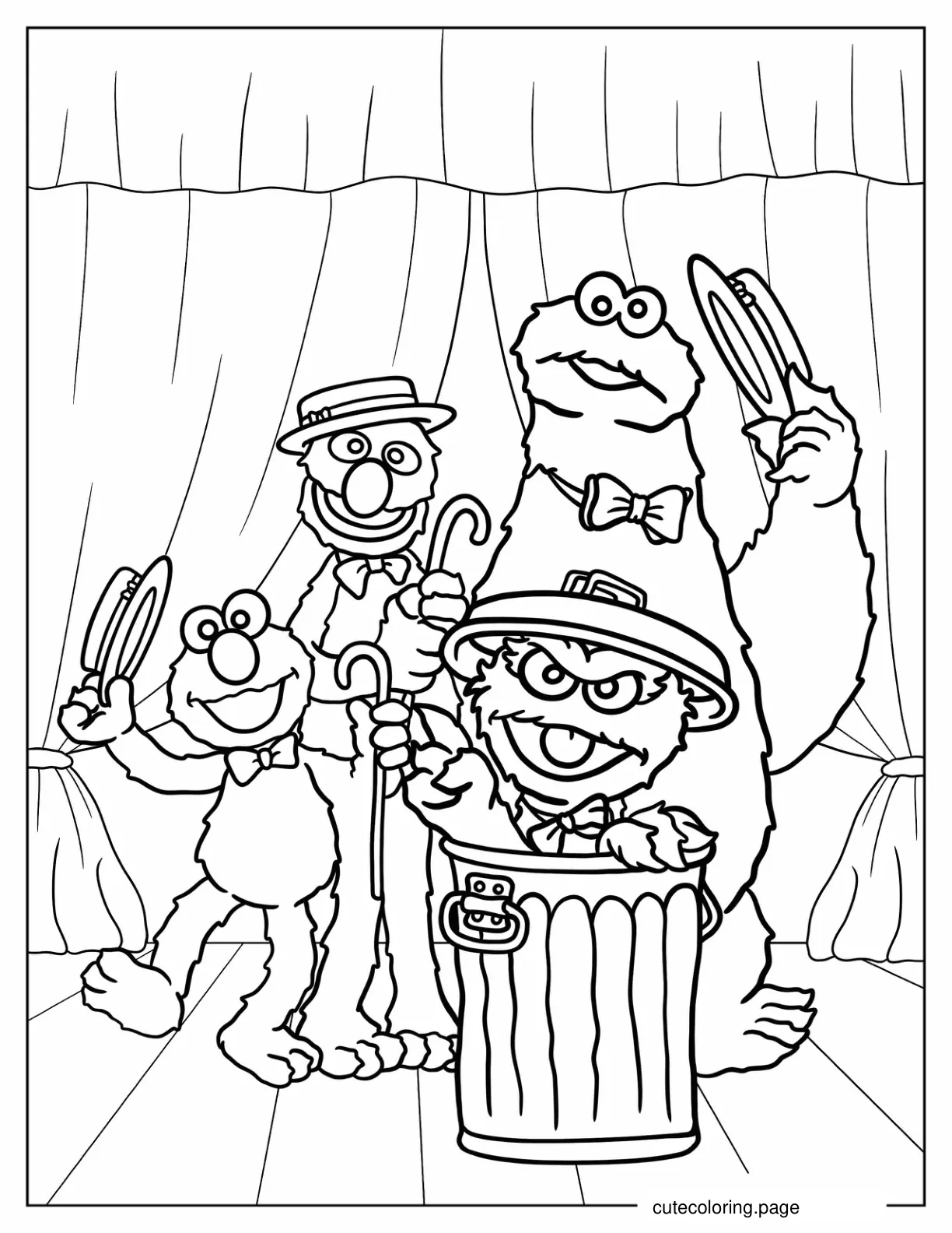 Elmo Oscar The Grouch Cookie Monster And Grover On Stage coloring page