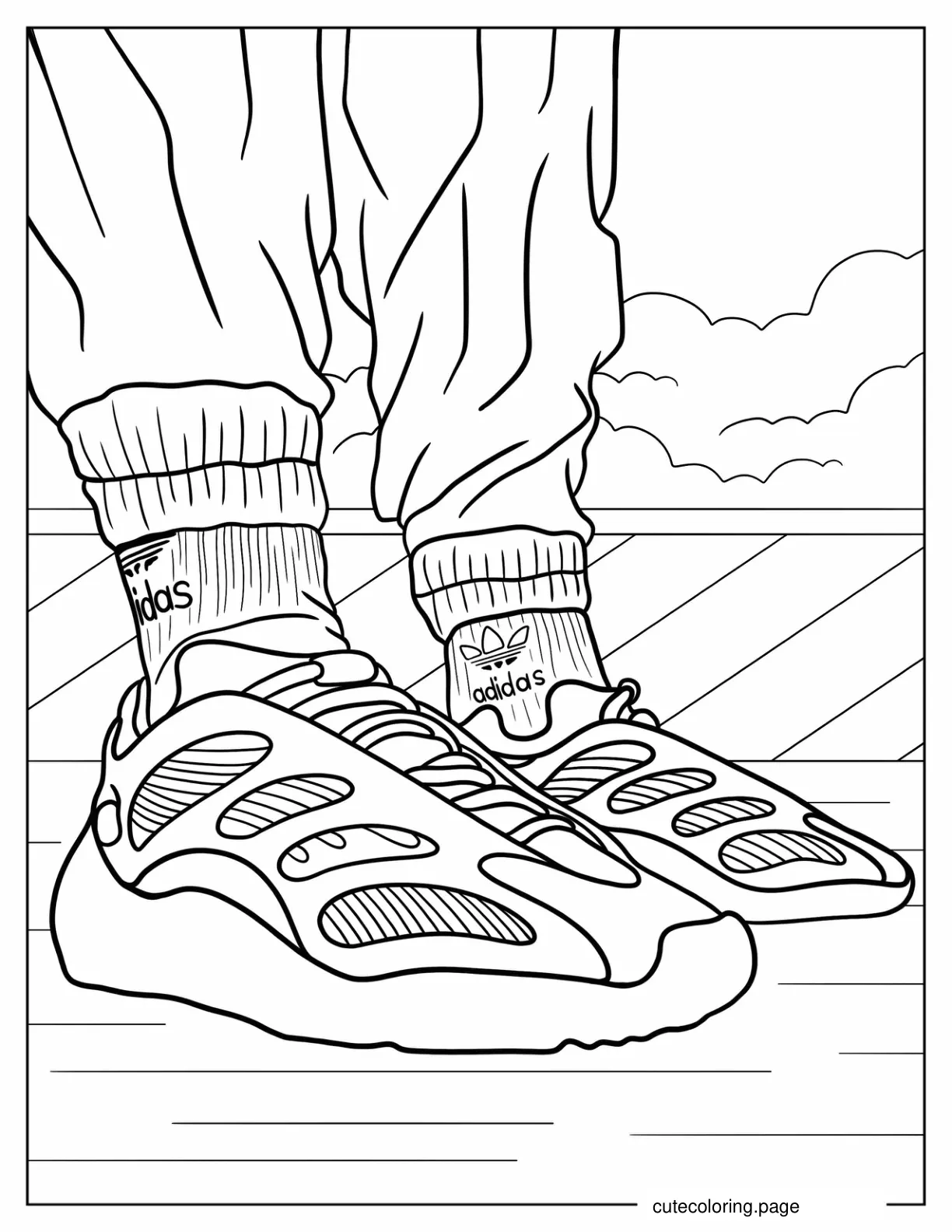 Man Wearing Yeezy Mono Safflower With Adidas Socks coloring page