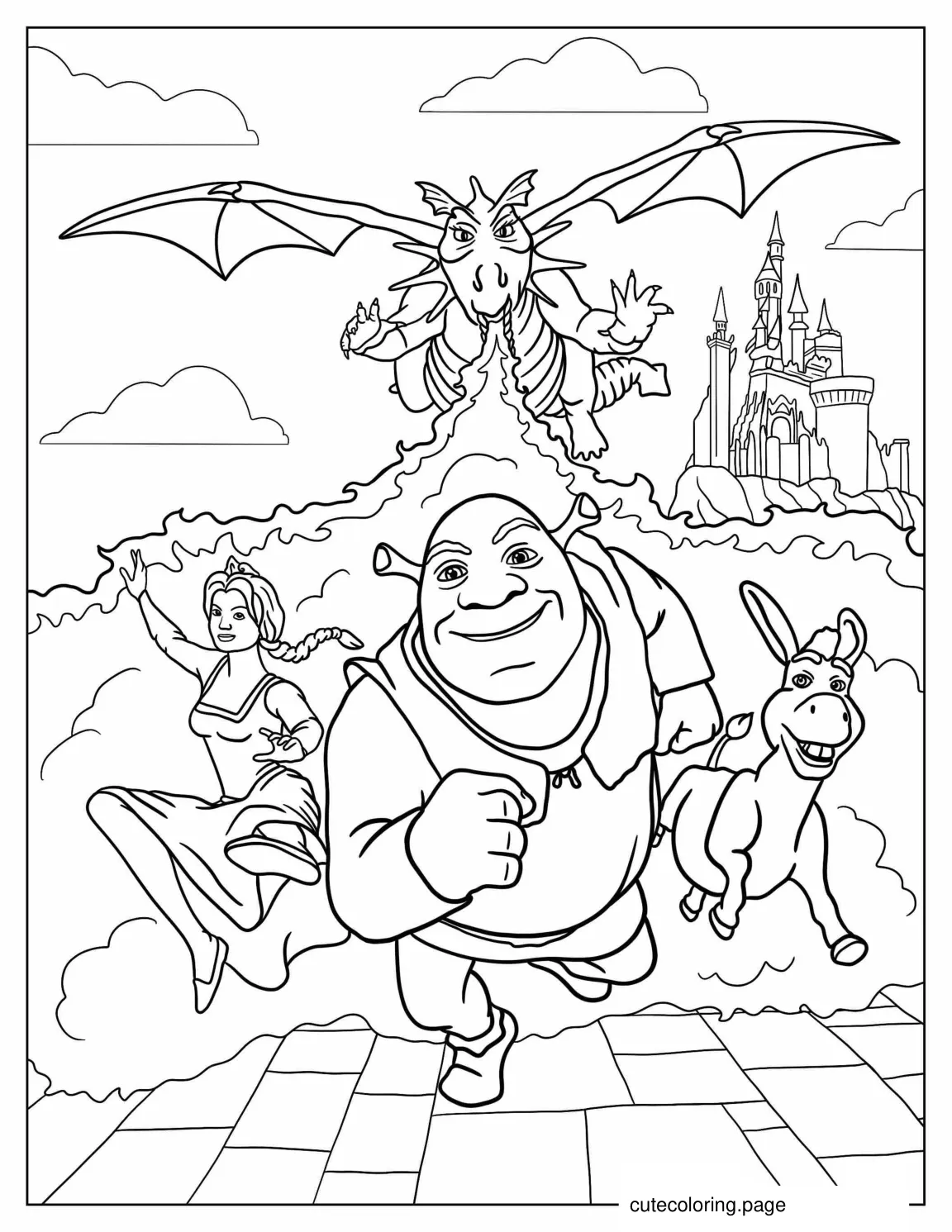 Shrek Fiona And Donkey Running From Dragon coloring page