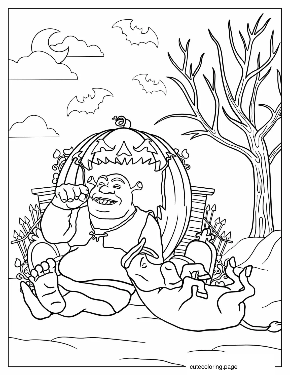 Shrek With Donkey And Pumpkin During Halloween coloring page