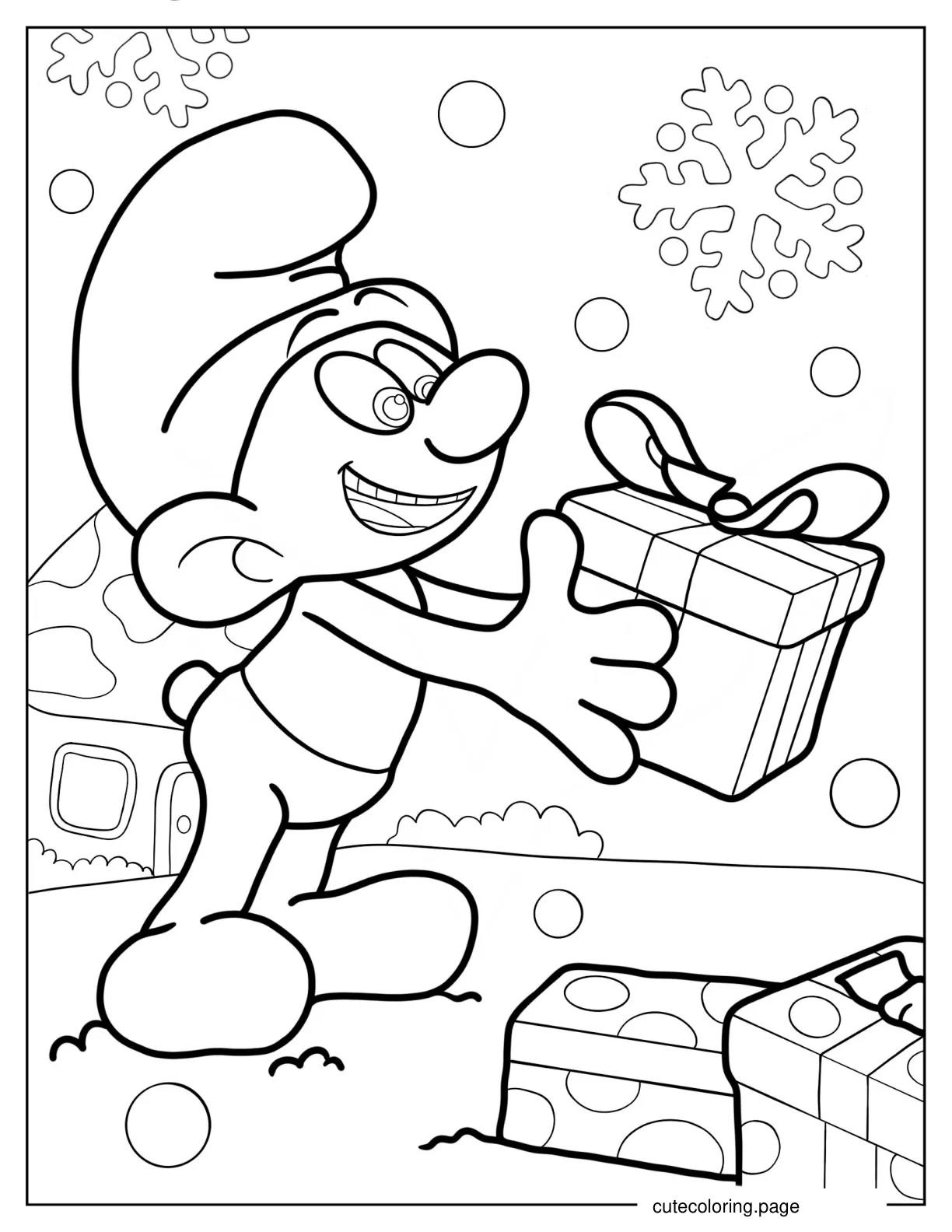 Coloring Page Of Jokey Smurf With Christmas Present coloring page