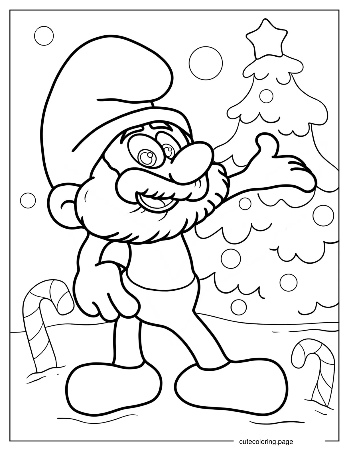 Santa Smurf Beside Christmas Tree Coloring In coloring page