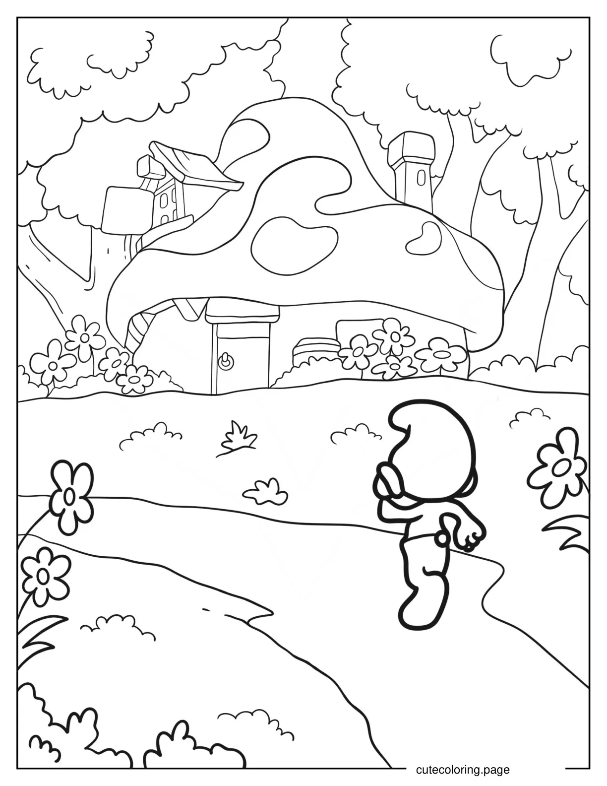 Smurf Running To Mushroom House Coloring Sheet coloring page