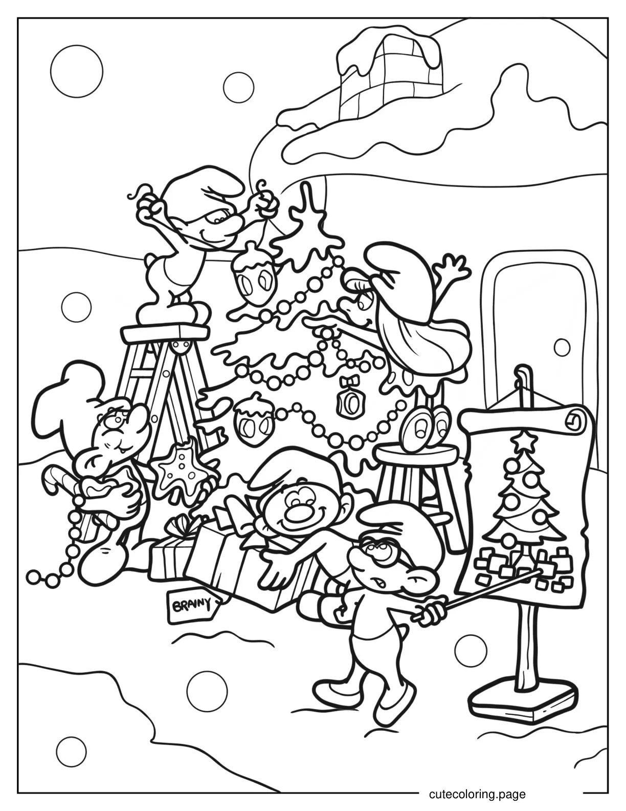 The Smurfs Decorating Christmas Tree Coloring Page coloring page