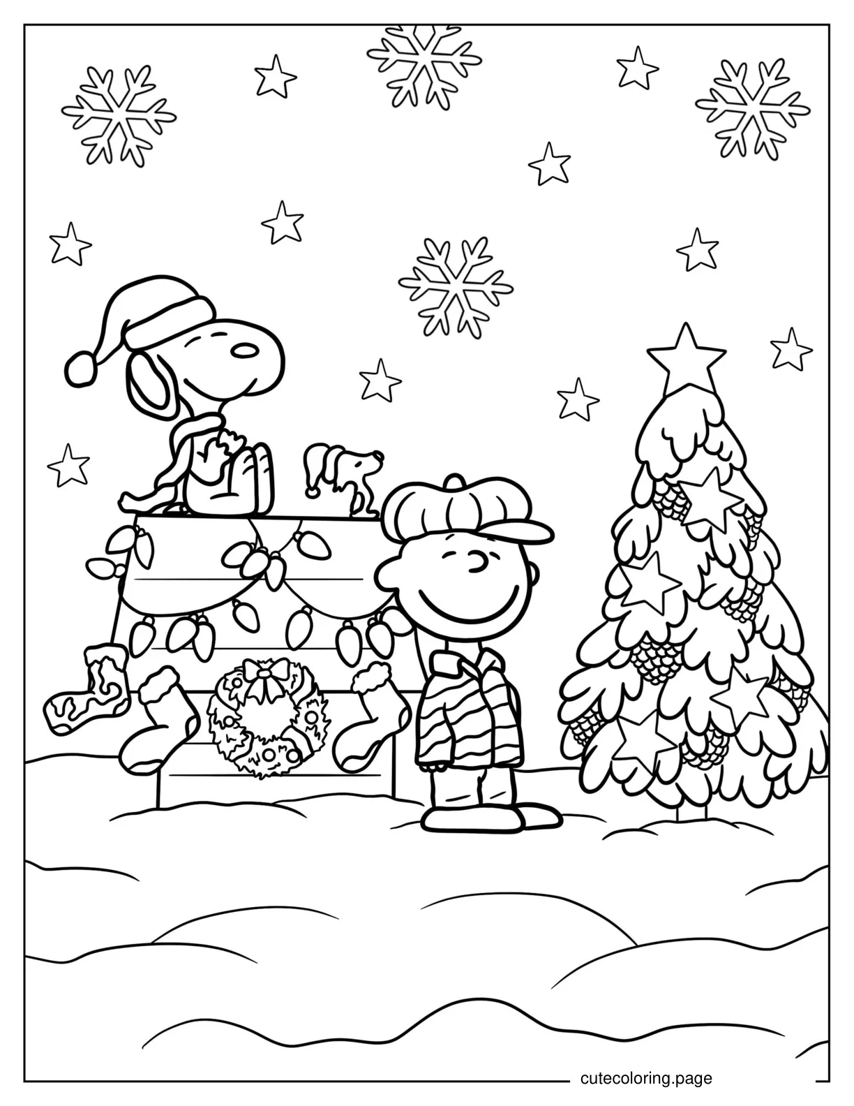 Charlie Brown And Snoopy With Christmas Tree To Color coloring page