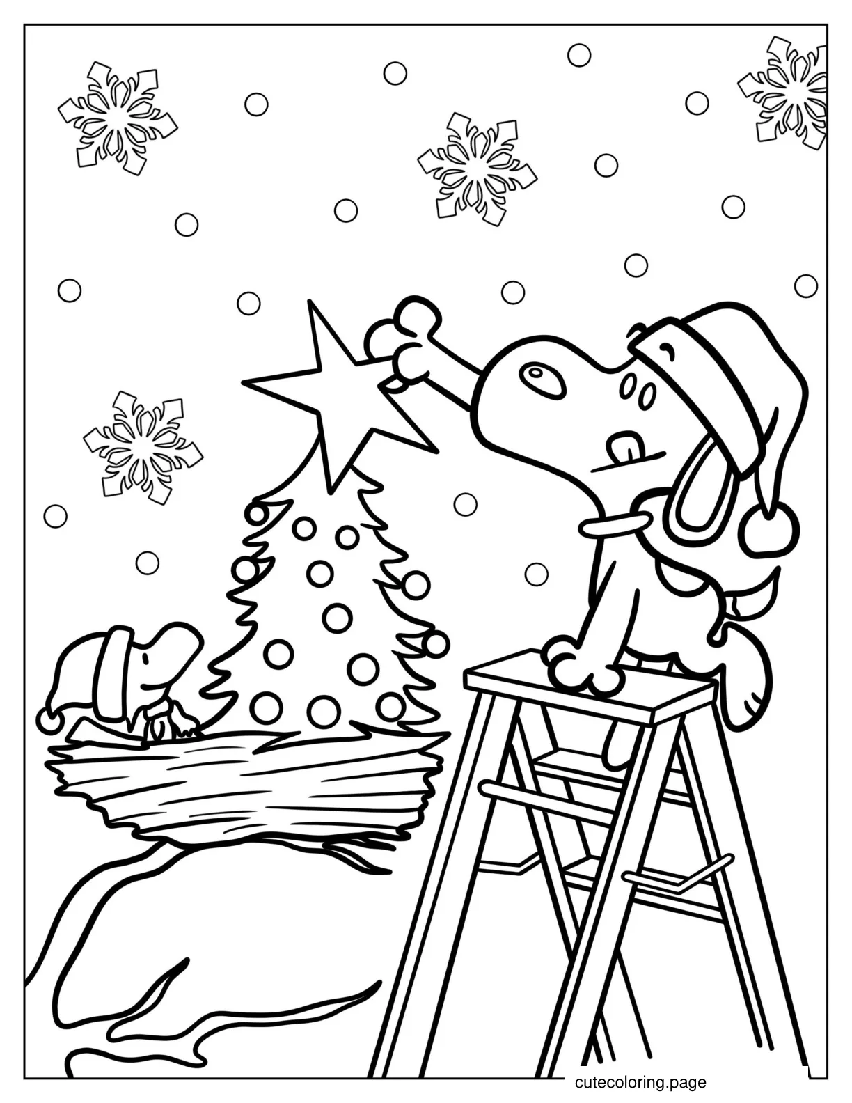 Snoopy And Woodstock Decorating Christmas Tree To Color coloring page