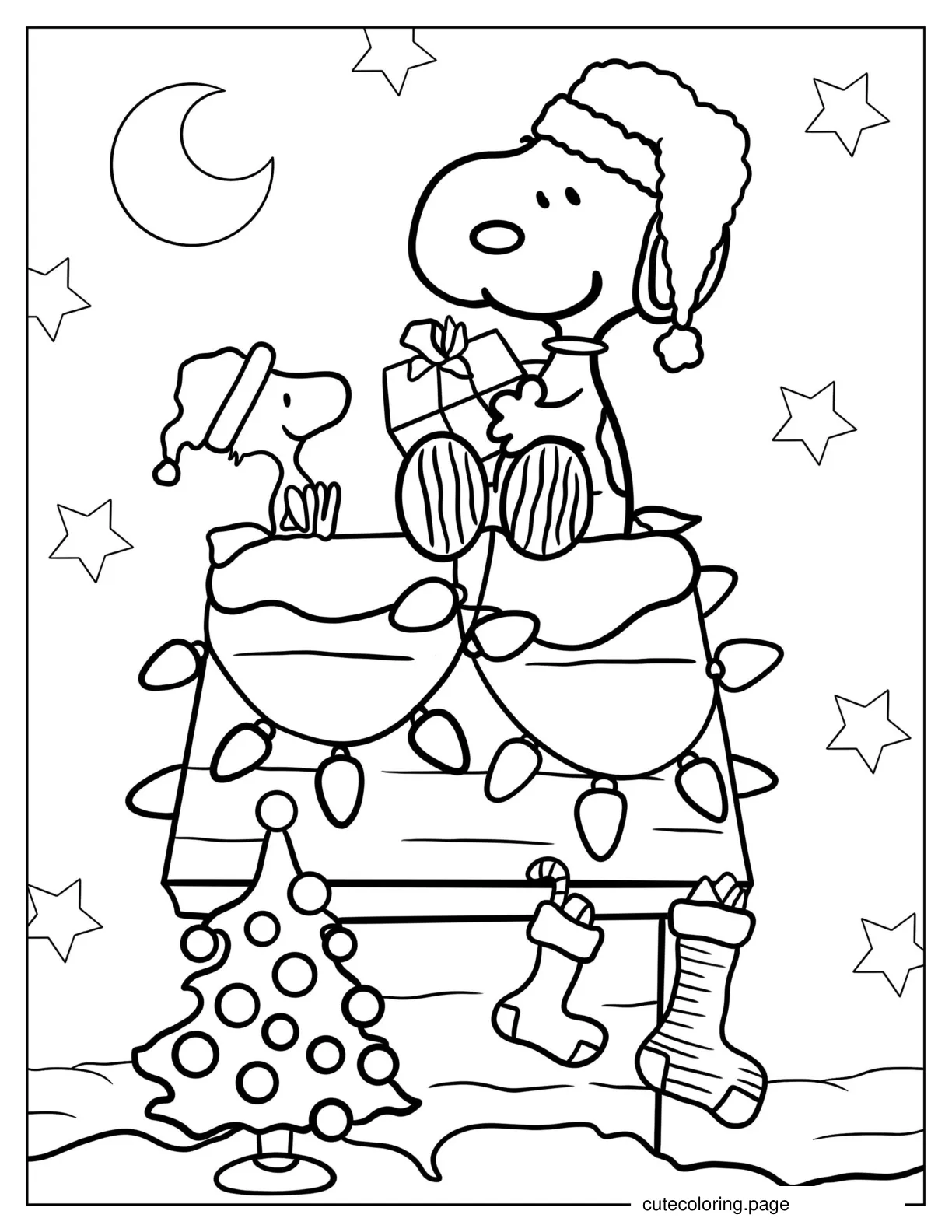 Snoopy And Woodstock Unwrapping Gifts During Christmas coloring page