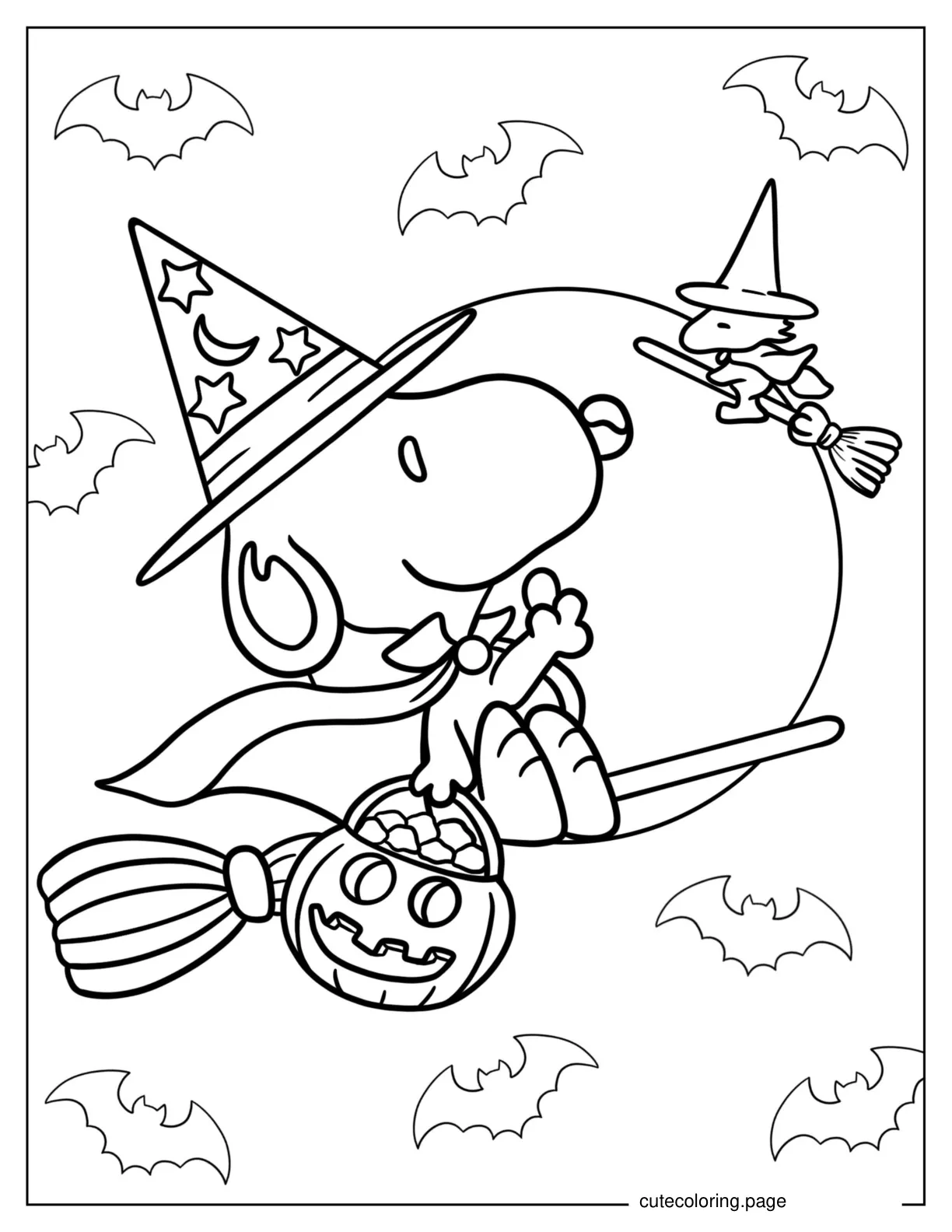 Snoopy Flying On Broomstick With Jack O Lantern coloring page