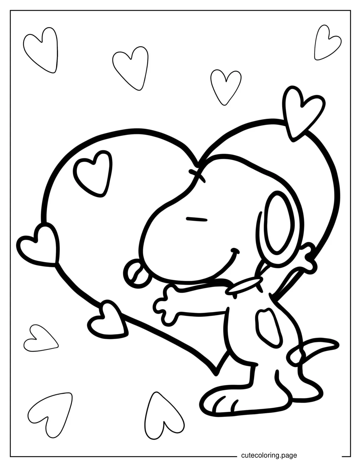 Snoopy Hugging a Big Love Heart To Color coloring page