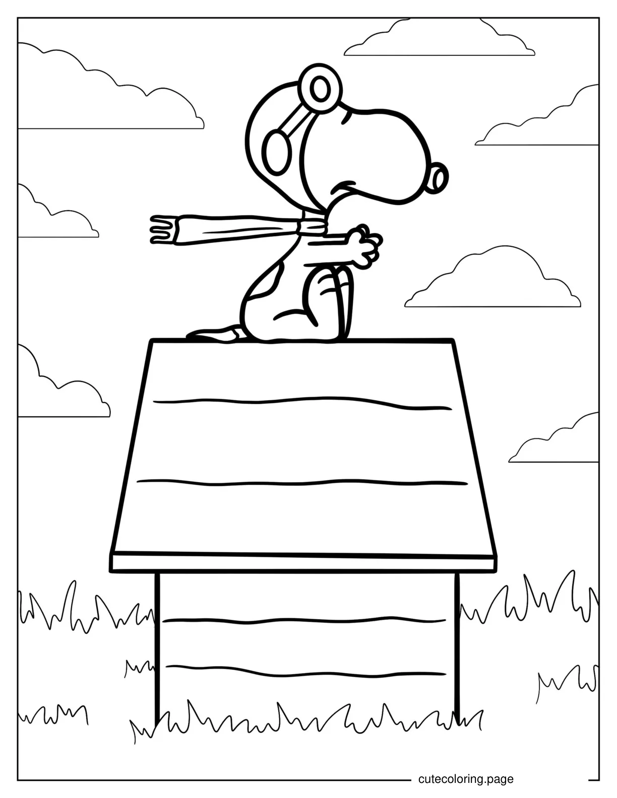 Snoopy Sitting On Dog House Imagining He Is Flying coloring page