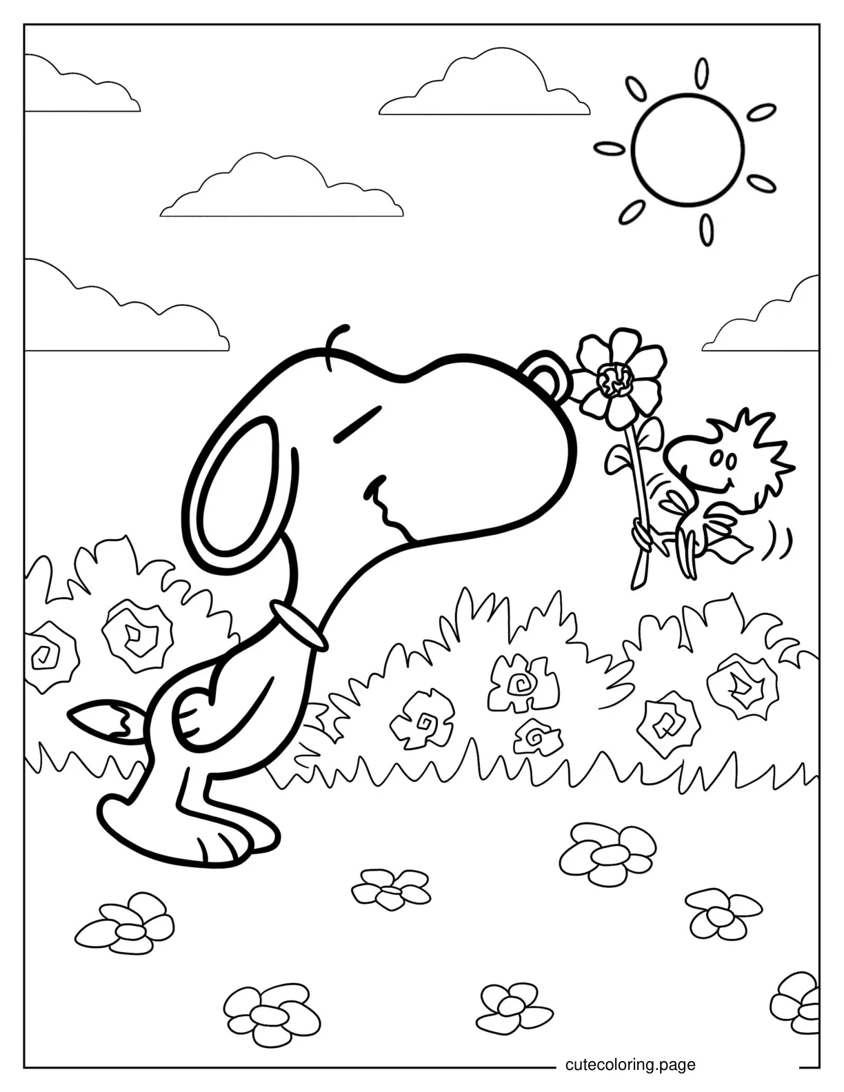 Snoopy Smelling Flowers To Color coloring page