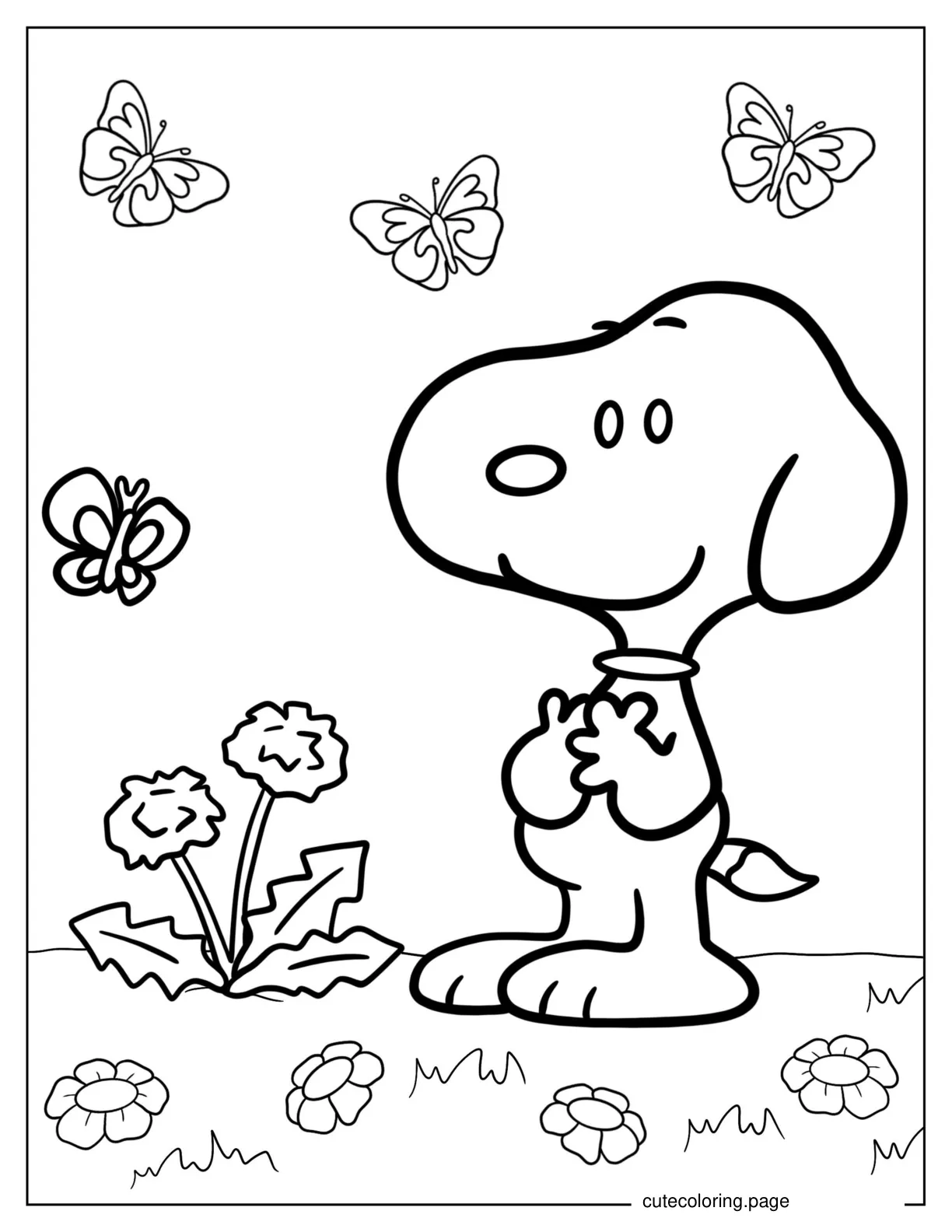 Snoopy Walking In Park With Butterflies coloring page