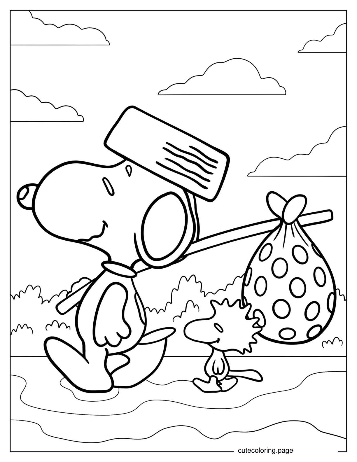 Snoopy Walking With a Knapsack To Color coloring page