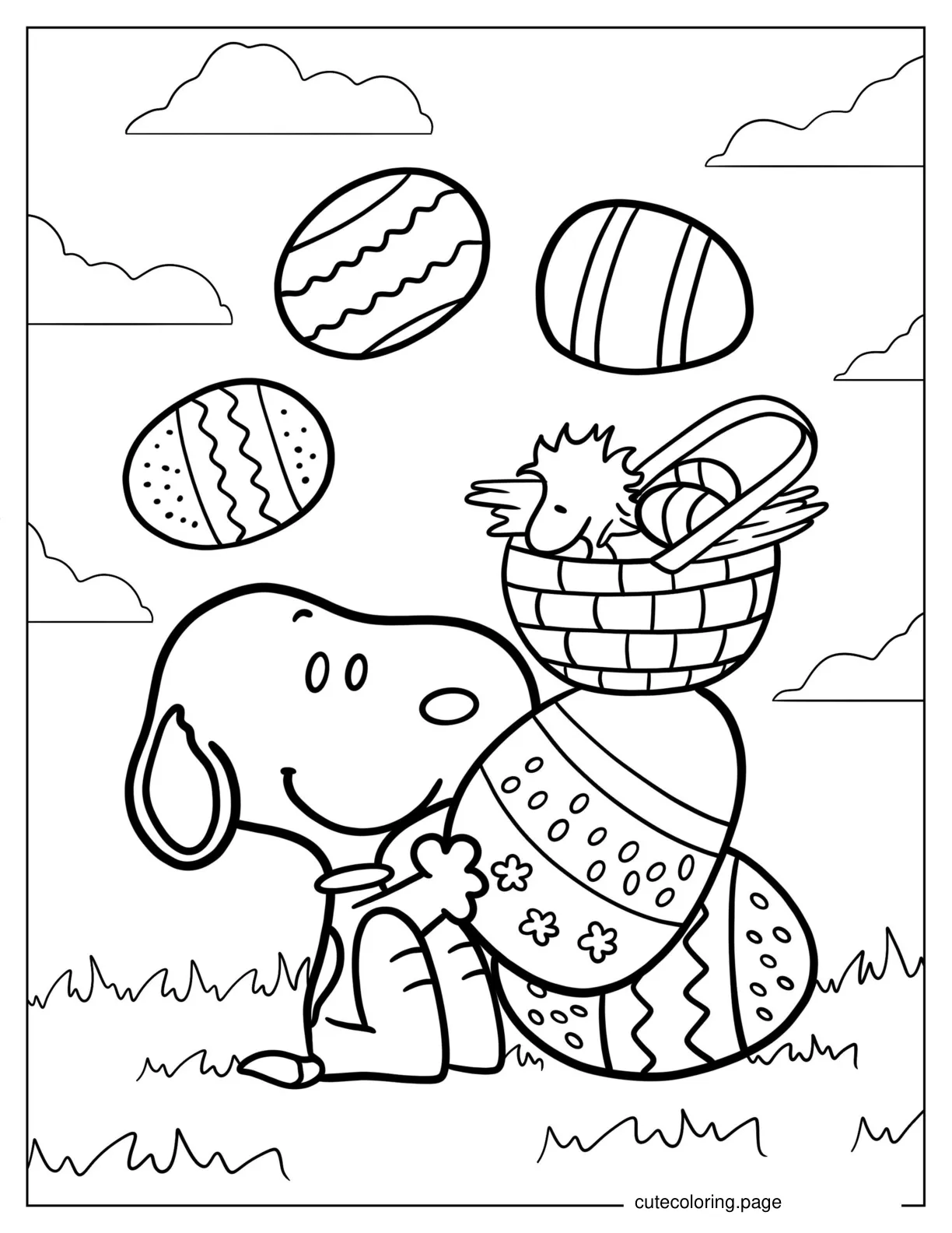 Snoopy With Easter Egg Basket To Color coloring page