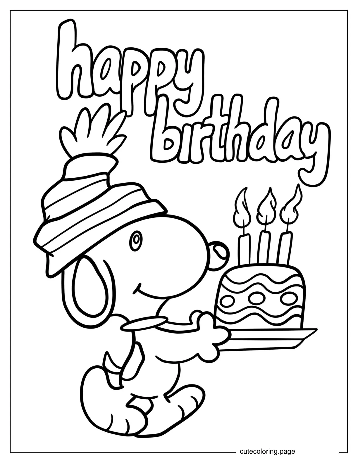 Snoopy With Happy Birthday Cake To Color coloring page