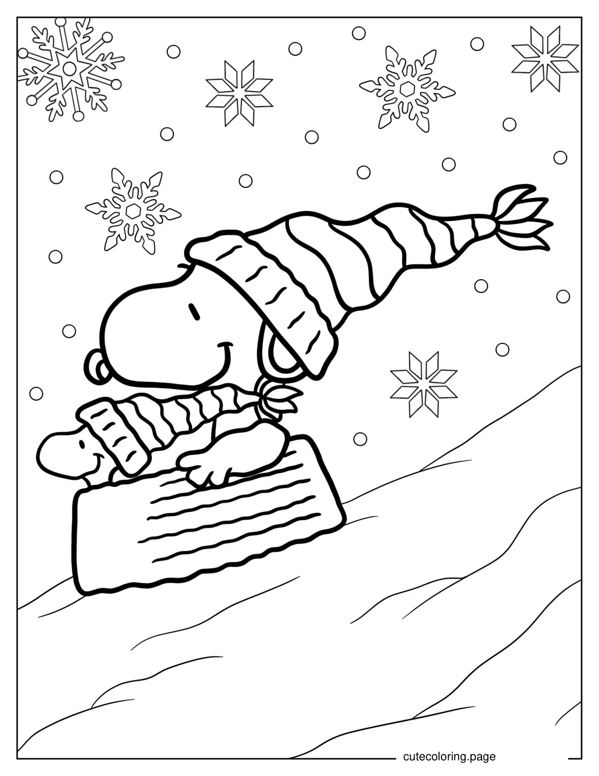 Woodstock And Snoopy Sledding During Christmas coloring page