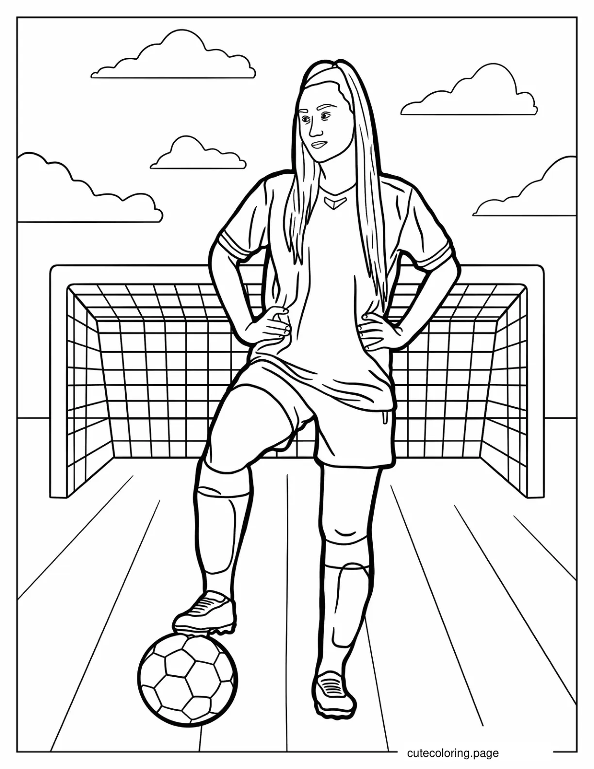 Female Soccer Player In Front Of Goal coloring page