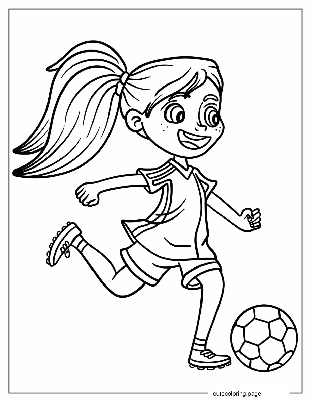 Little Girl Kicking Soccer Ball Coloring Page For Kids coloring page