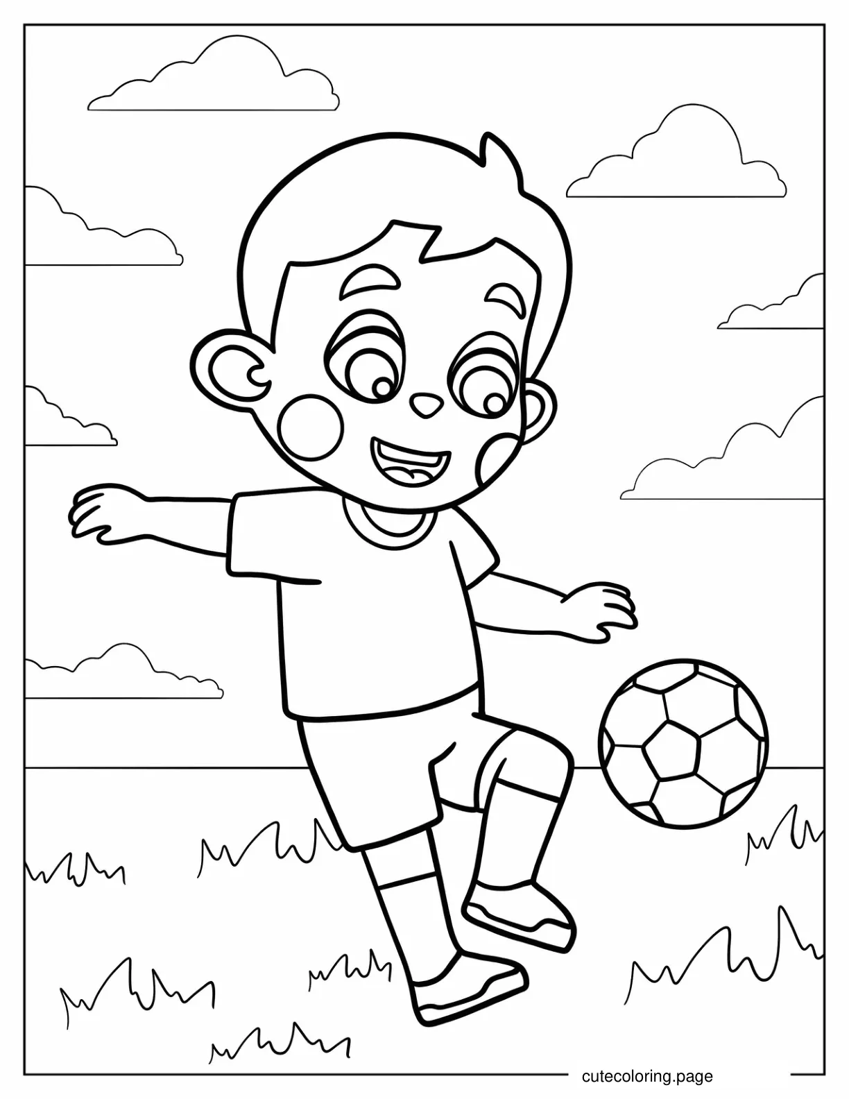 Young Child Playing Soccer On Field coloring page