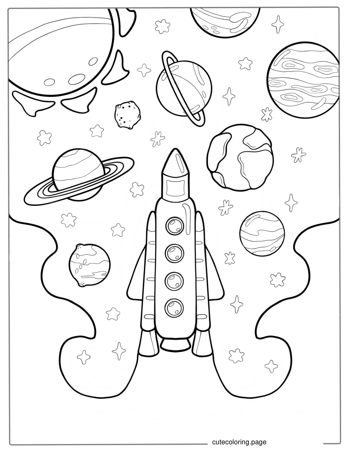 Rocket Taking Off Into Space With Planets To Color coloring page