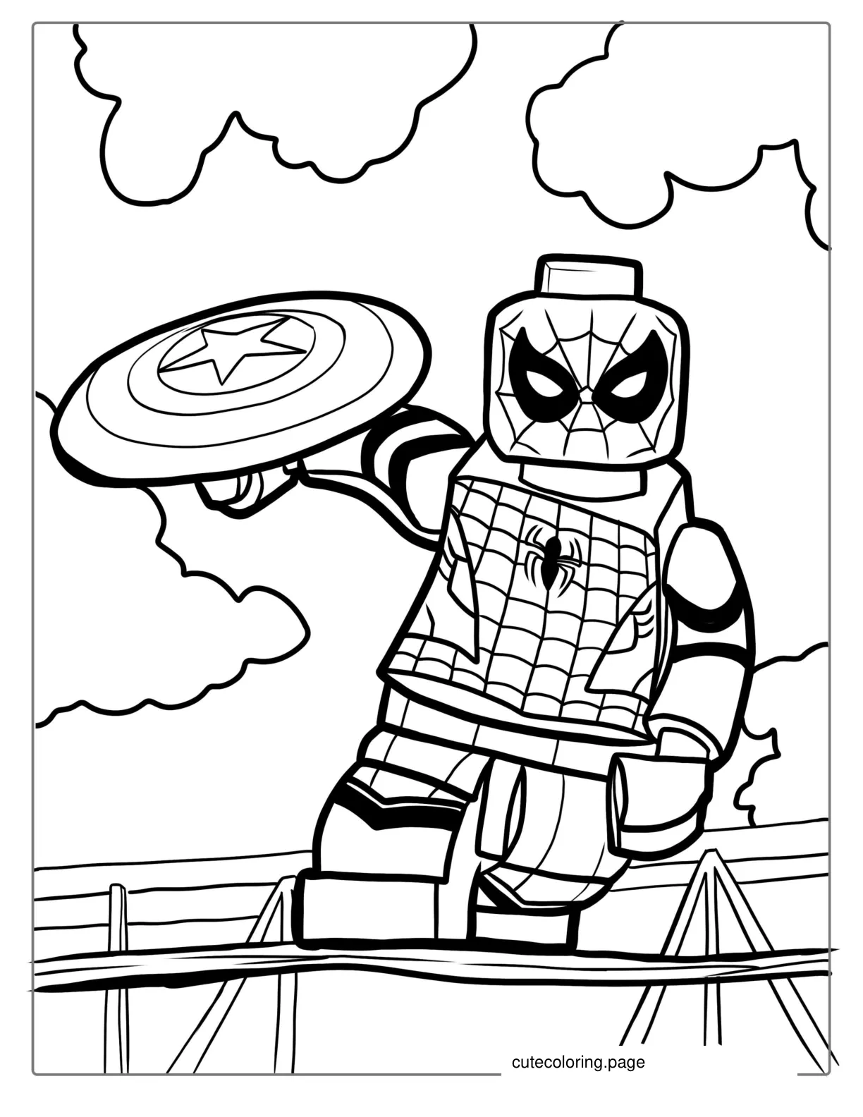 Lego Spider Man Holding Captain Americas Shield Coloring coloring page