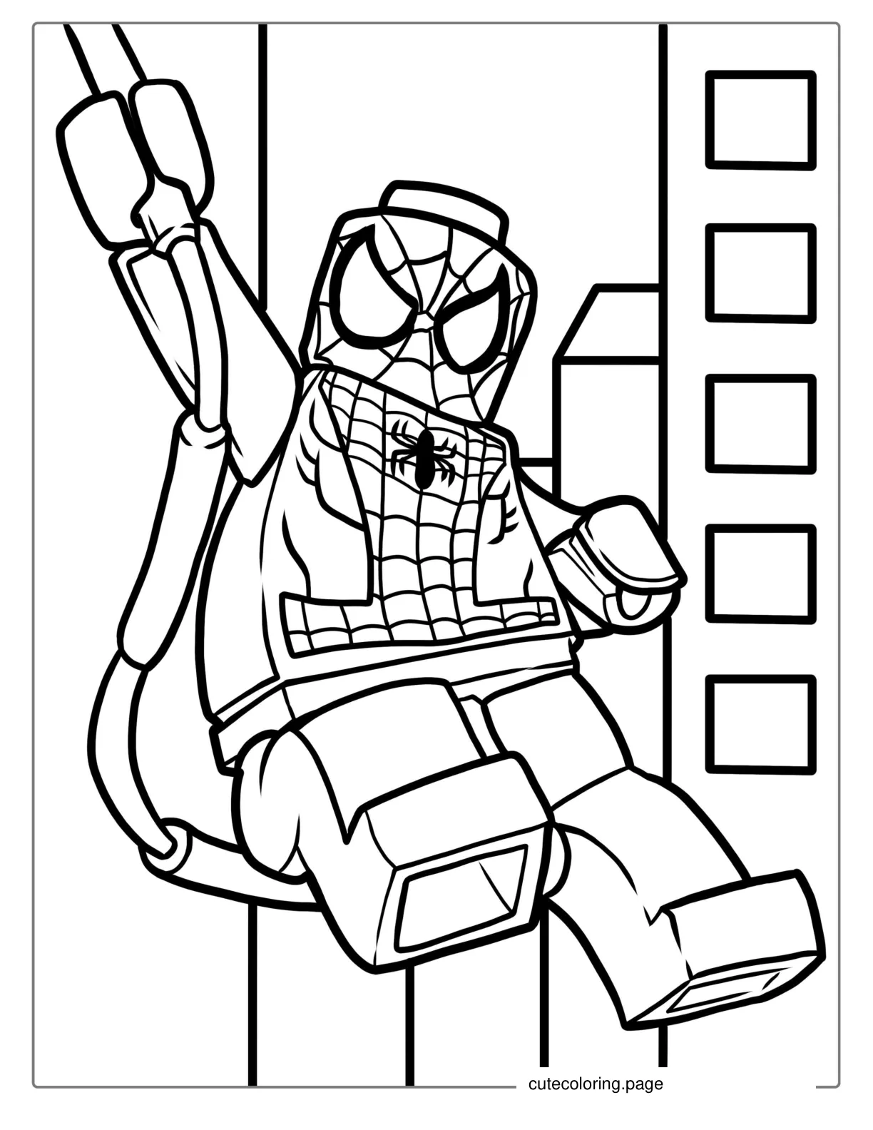 Lego Spider Man With Webs Swinging Through City coloring page