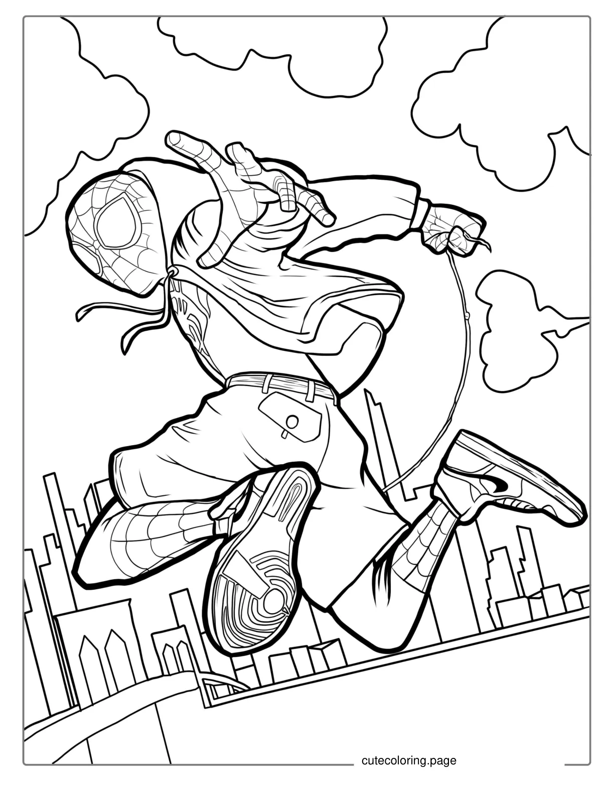 Spider Verse Spider Man Leaping Through City coloring page