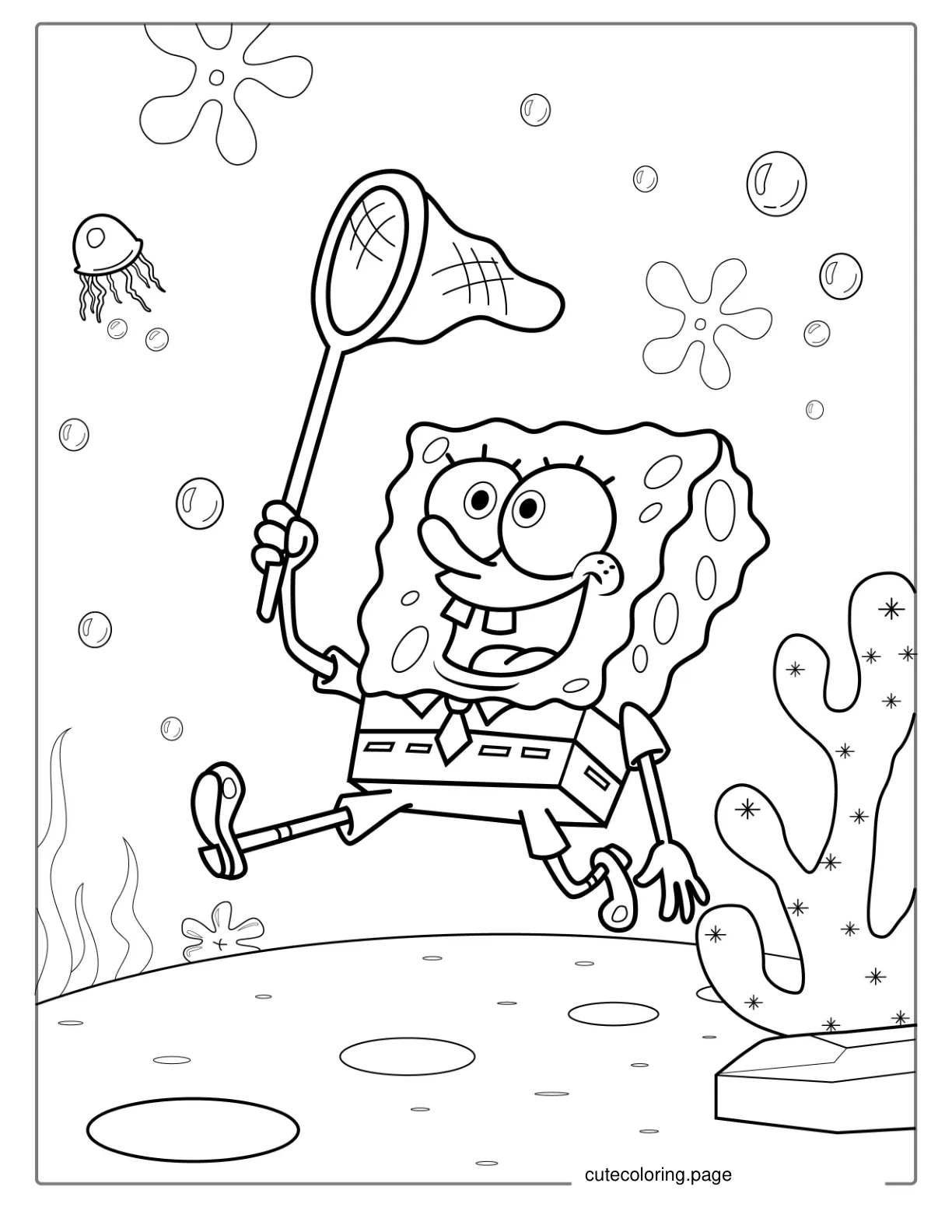 SpongeBob Catching Jellyfish With Net To Color coloring page