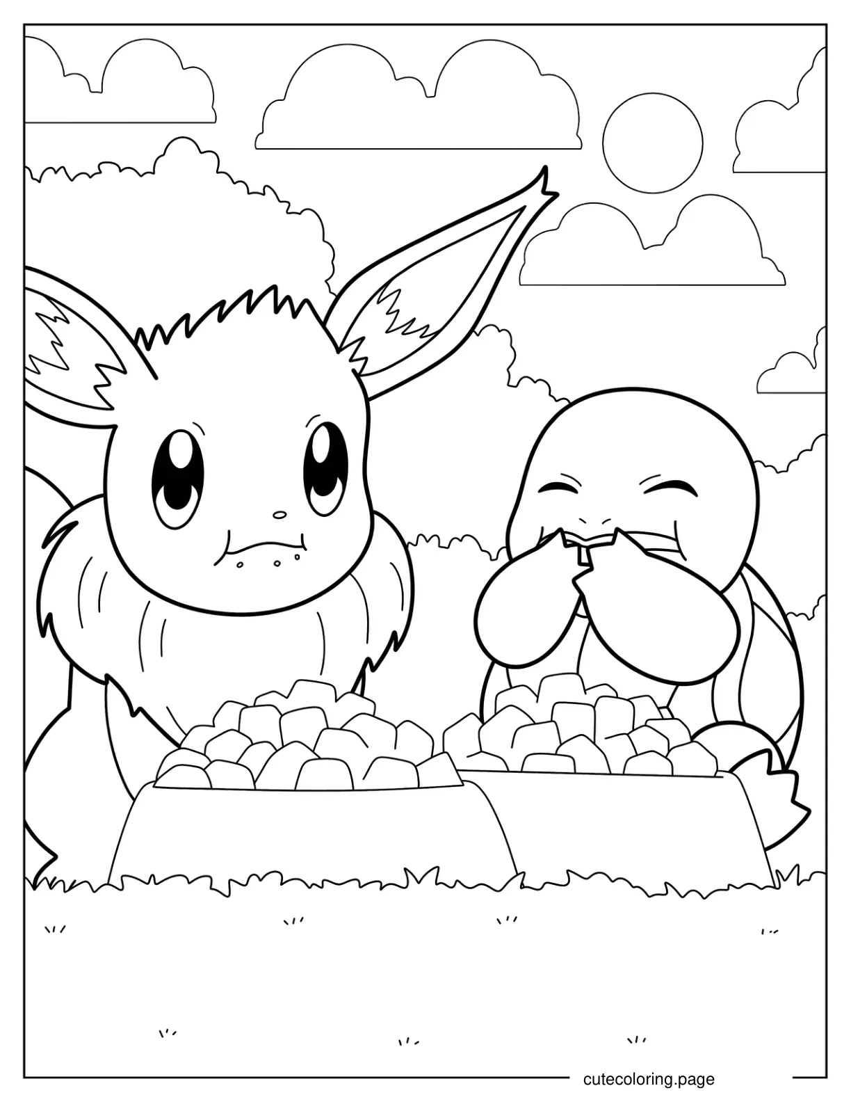 Eevee And Squirtle Eating coloring page