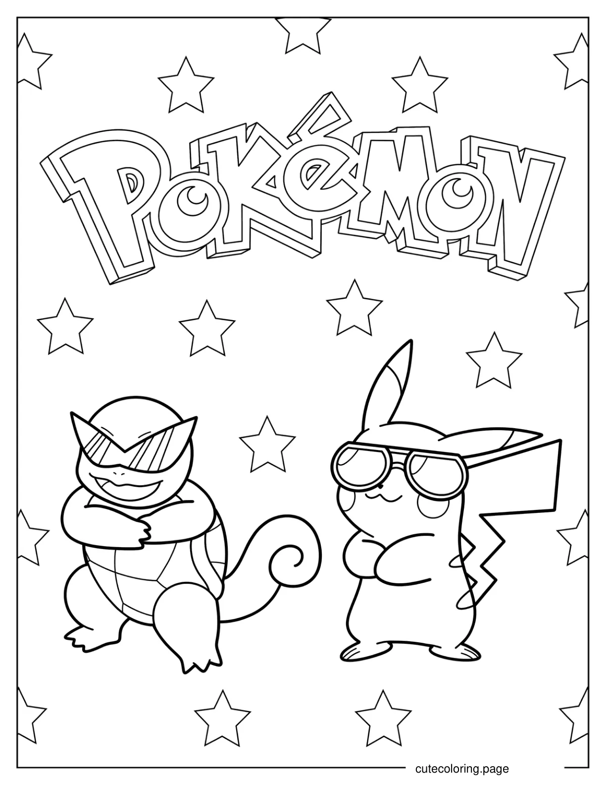 Squirtle And Pikachu Wearing Sunglasses Coloring Sheet coloring page