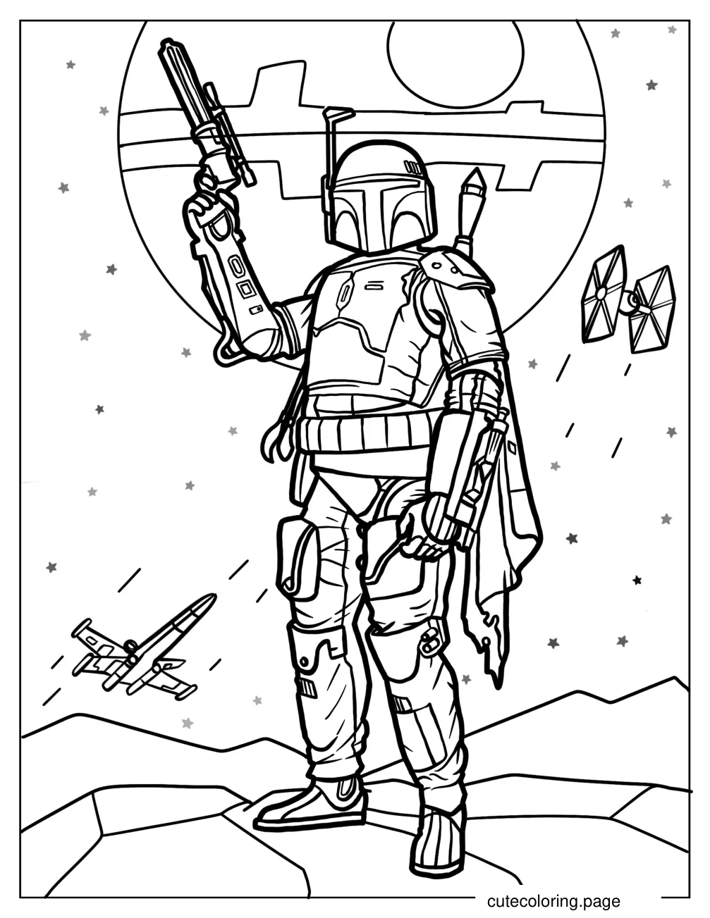 Boba Fett Standing In Front Of Death Star coloring page