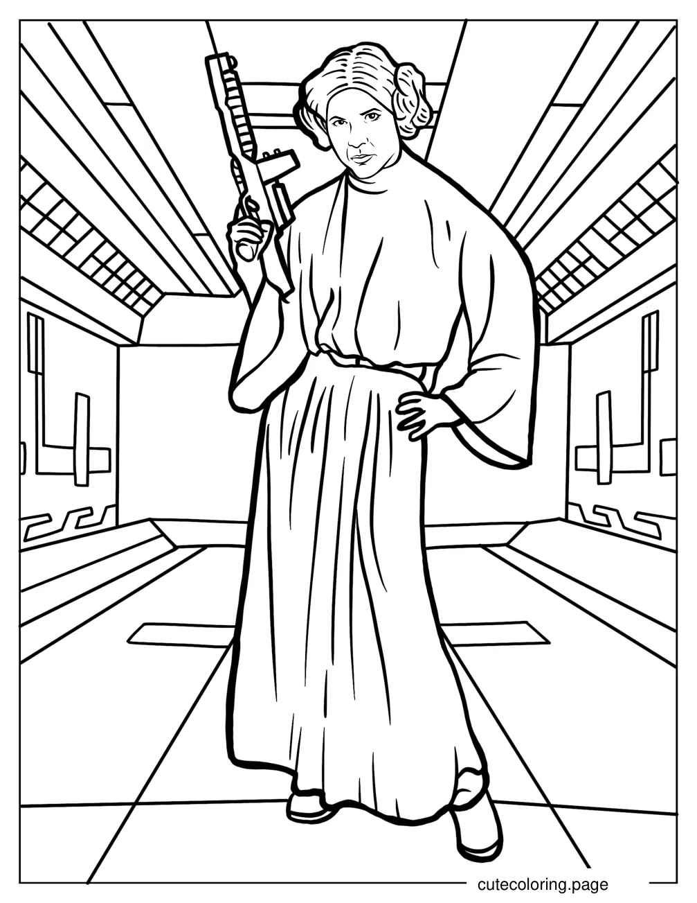 Princess Leia With Blaster Coloring Sheet coloring page