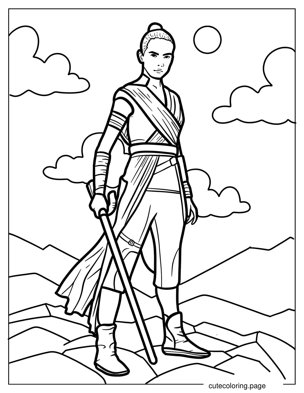 Realistic Rey Skywalker With Lightsaber Coloring Page coloring page