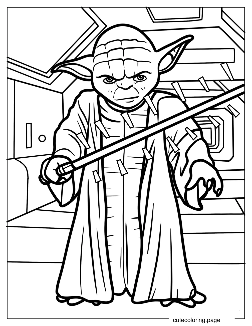 Yoda Fighting With Lightsaber Coloring In For Kids coloring page