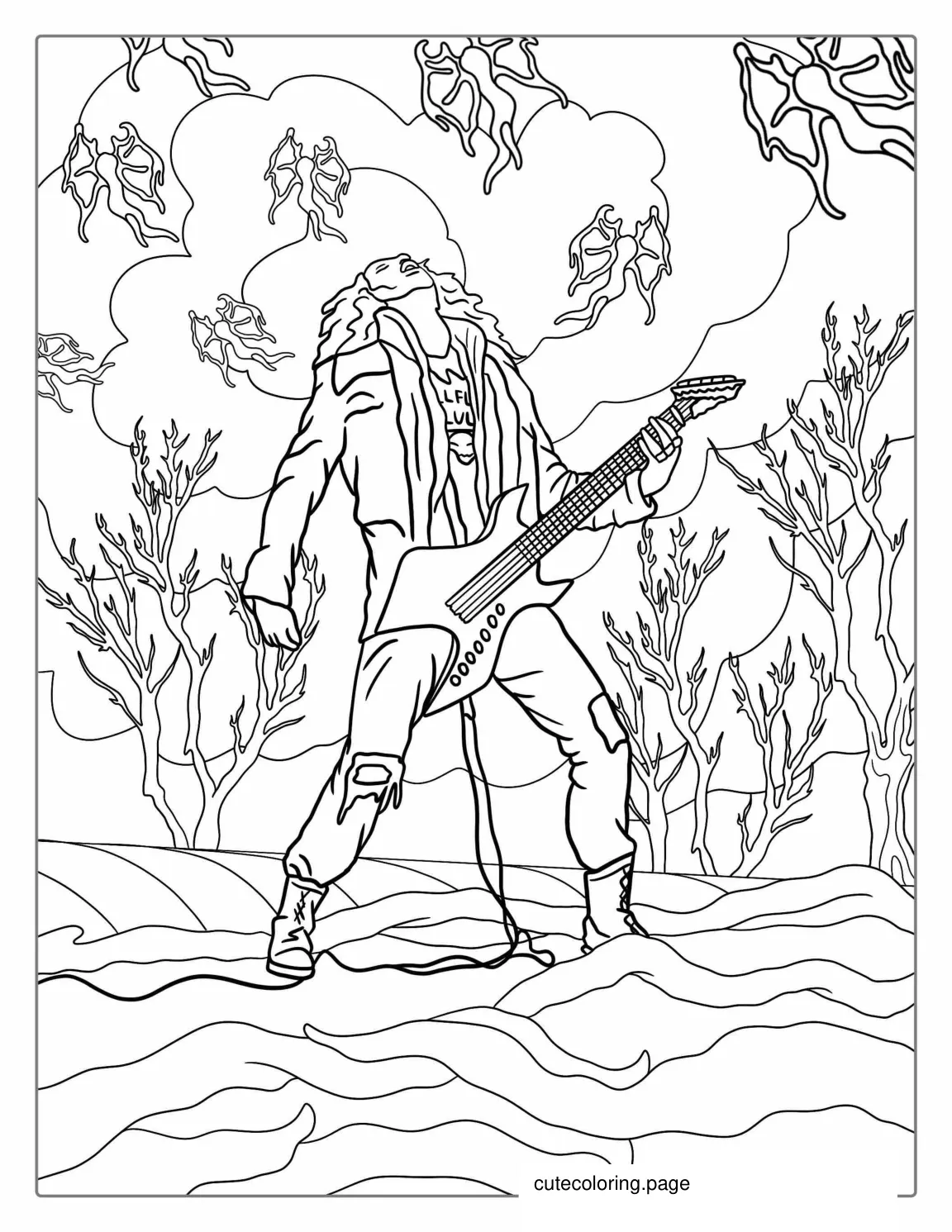 Eddie Munson Shredding Guitar In The Upside Down coloring page