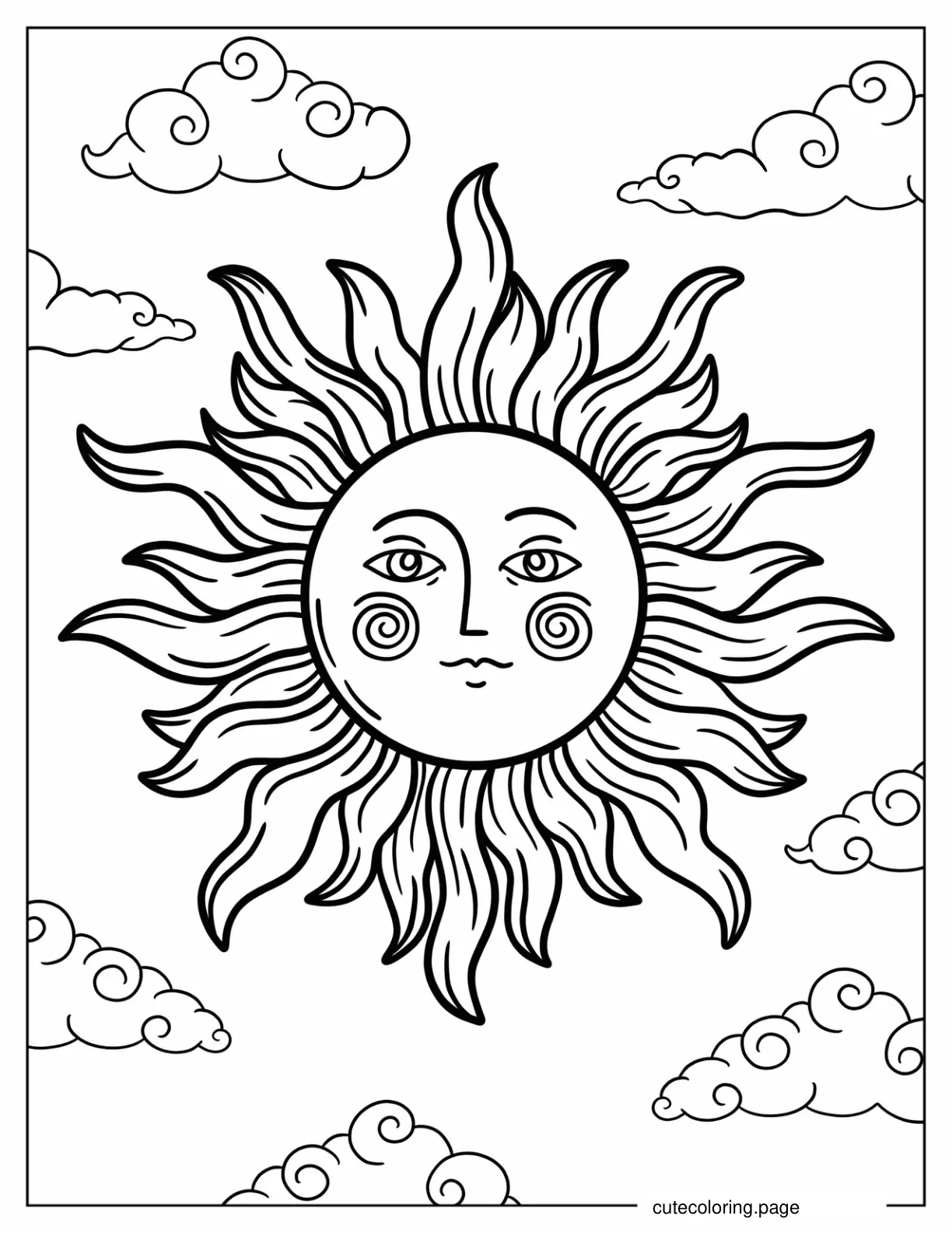 Detailed Sun In The Sky With Clouds coloring page