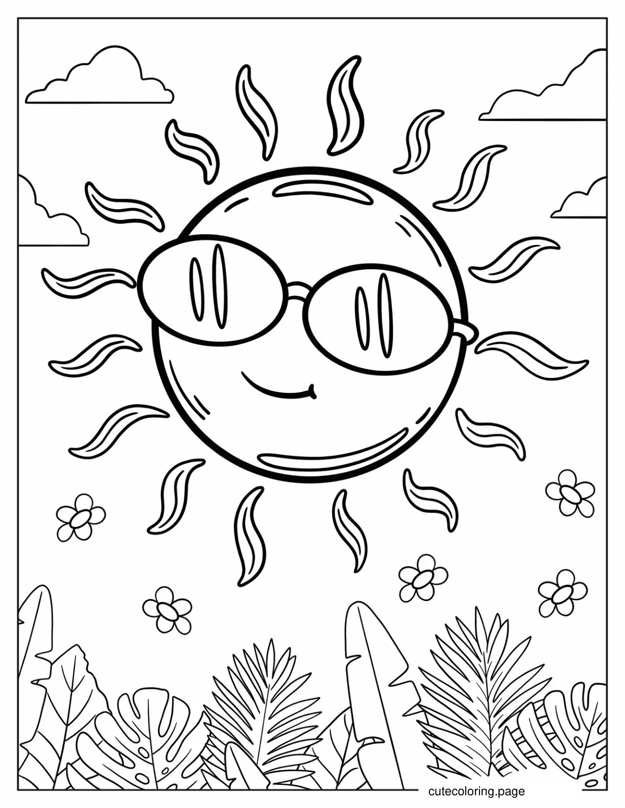 Fun Sun Wearing Sunglasses Over Jungle coloring page