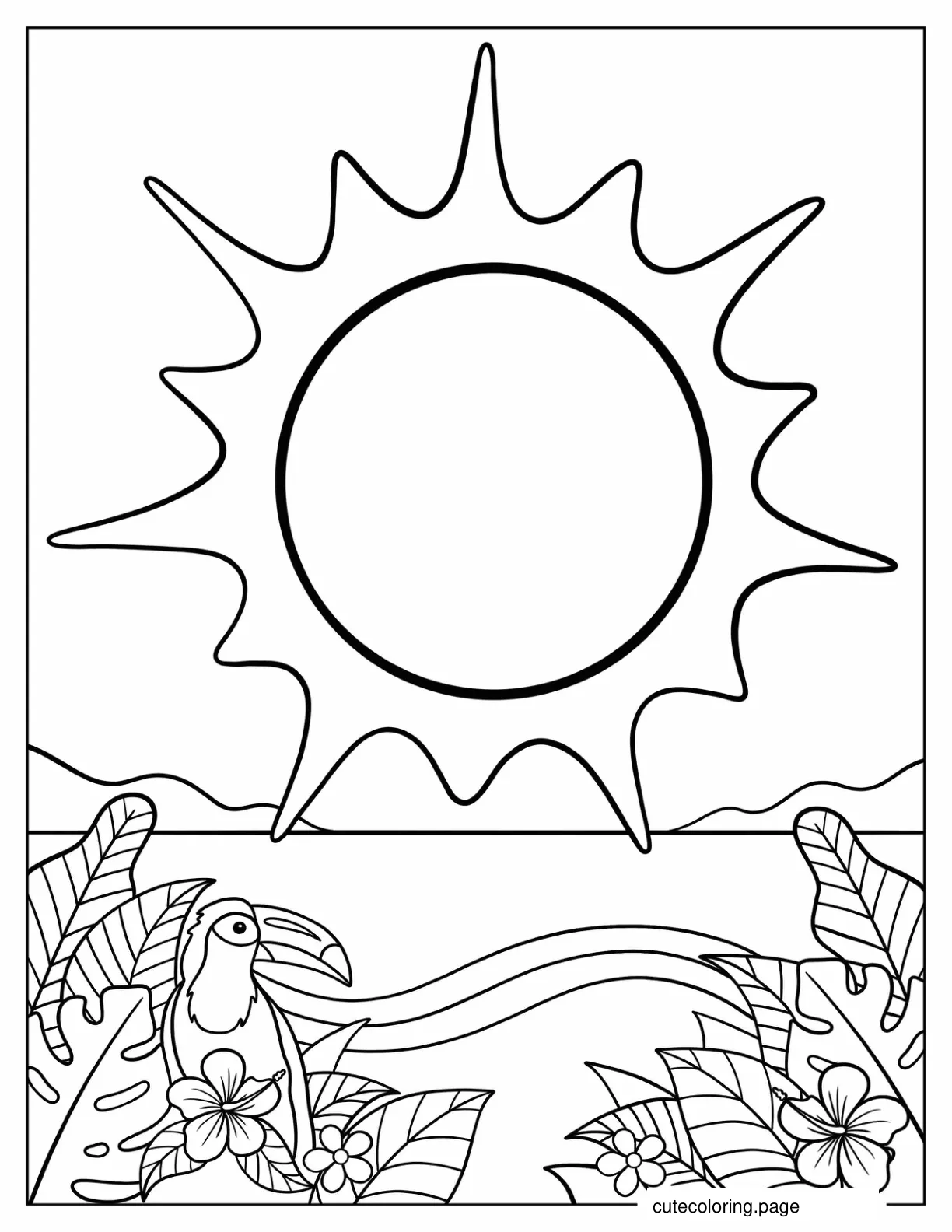 Large Smouldering Sun Over Ocean coloring page